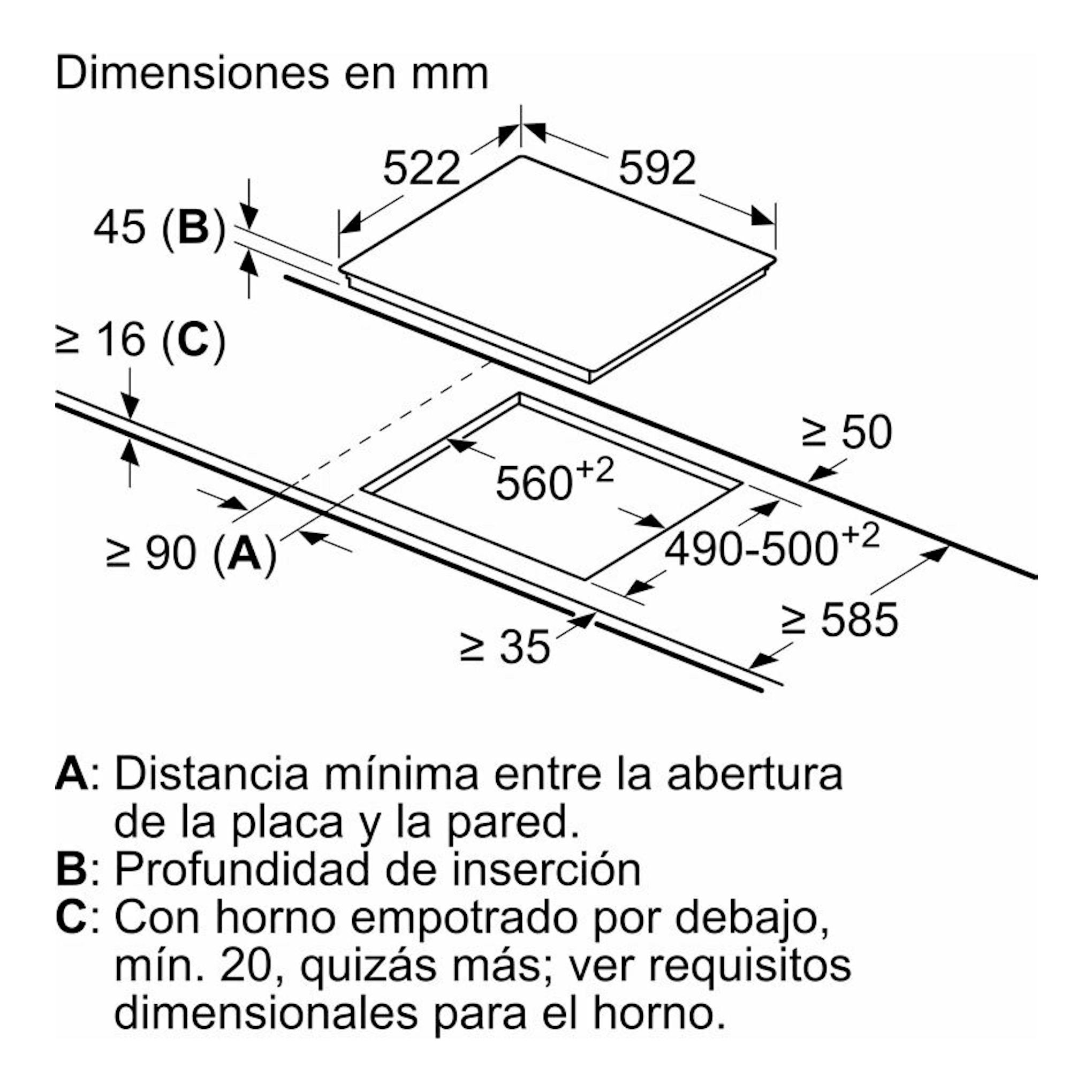 Bosch PKF611BB8E: diagrama de instalación de placa vitrocerámica en vista isométrica, con medidas en mm.