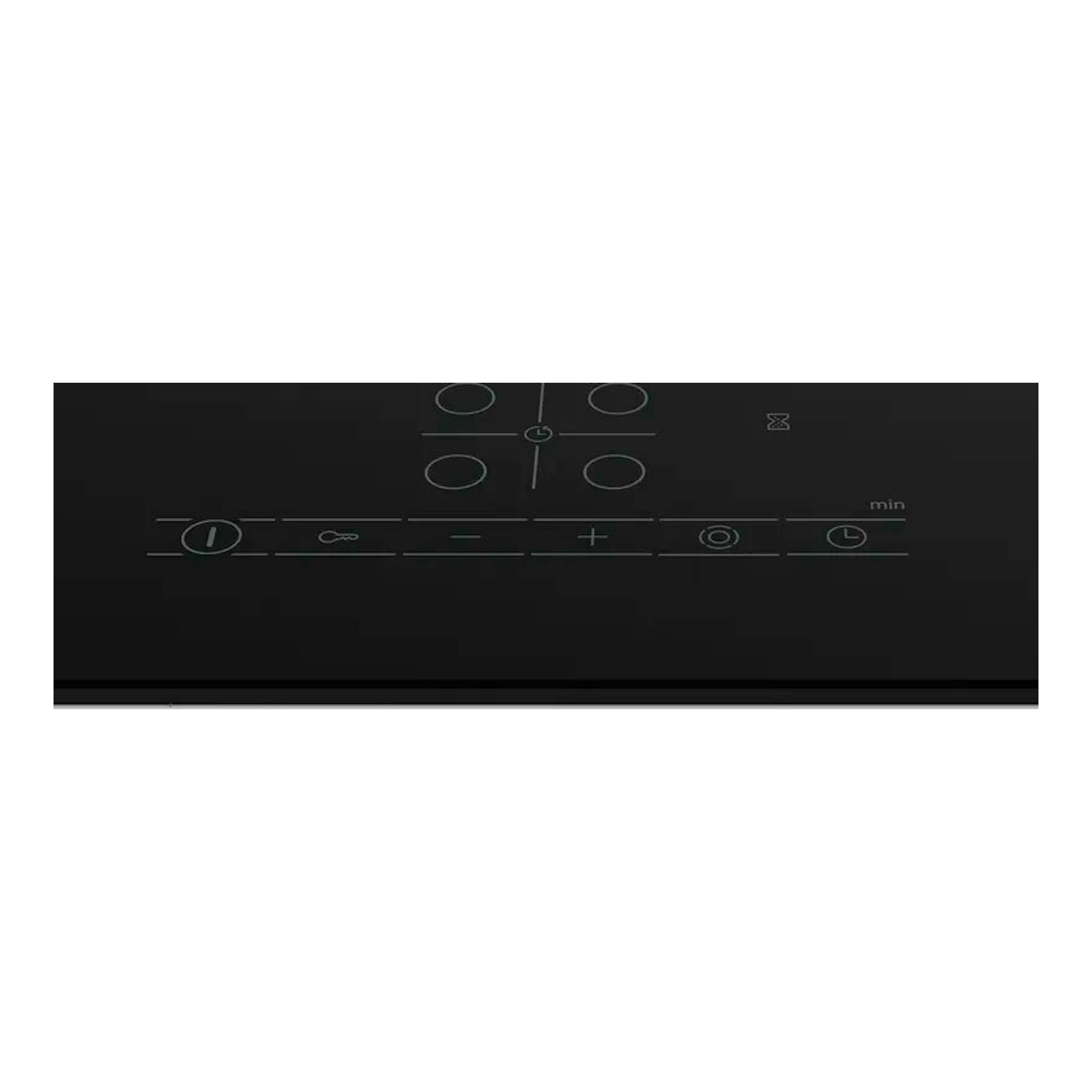 Placa vitrocerámica Bosch PKF611BB8E negra, vista superior con mandos táctiles y cuatro zonas de cocción.