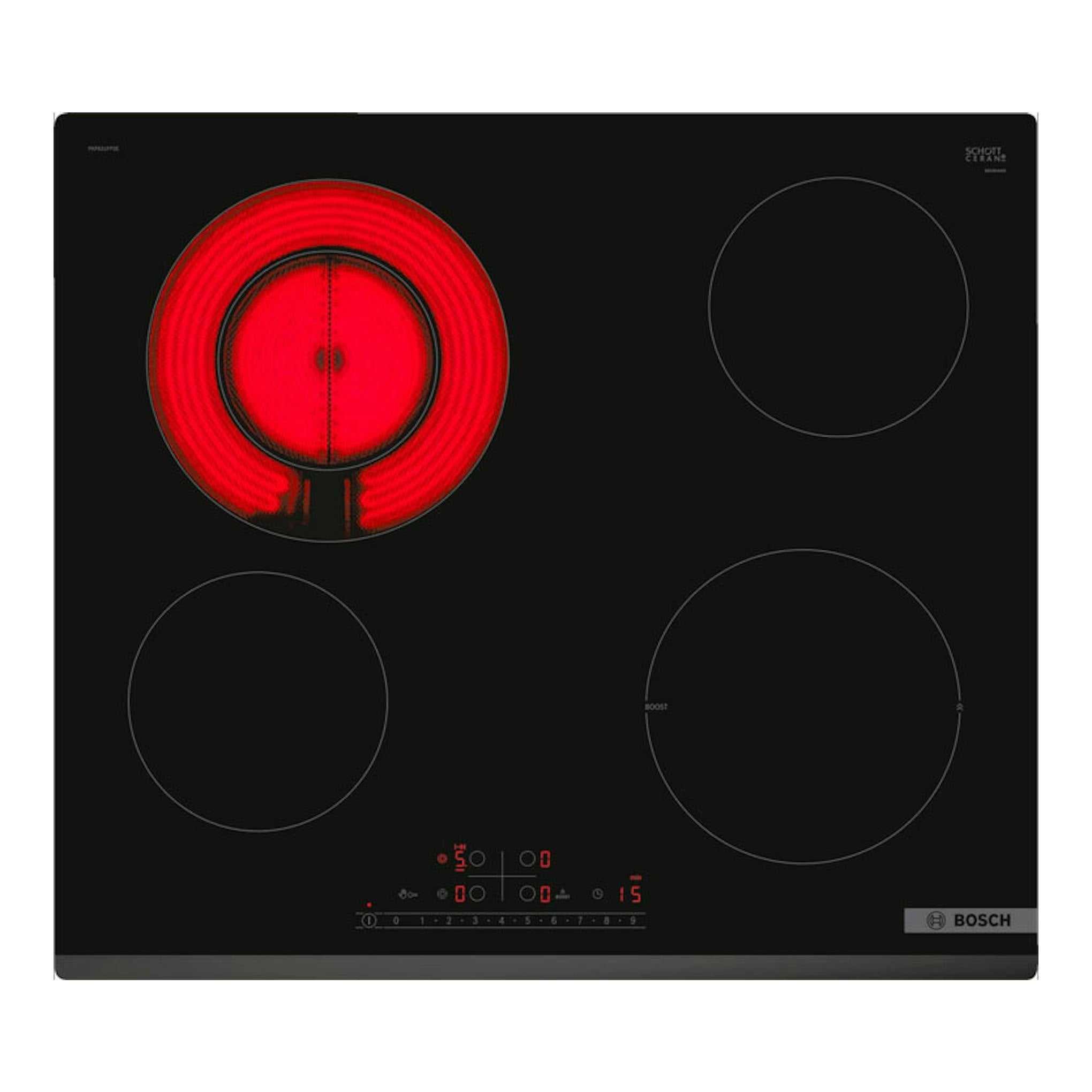 Placa vitrocerámica Bosch PKF631FP3E negra, vista frontal, con cuatro zonas y una encendida en rojo.