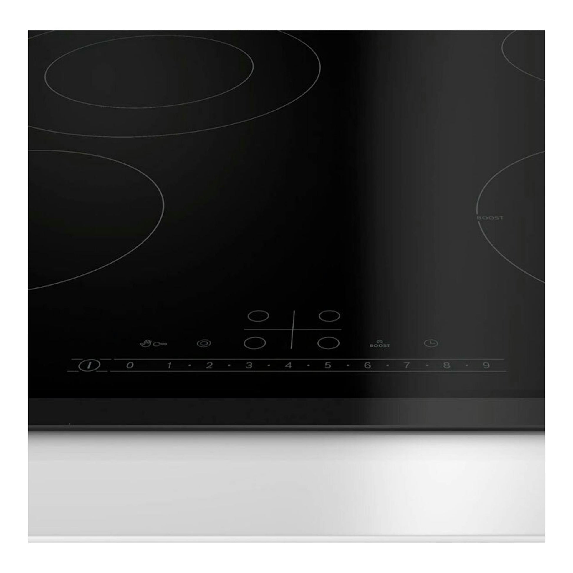 Placa vitrocerámica Bosch PKF631FP3E negra, vista cenital parcial con mandos táctiles y zonas de cocción.
