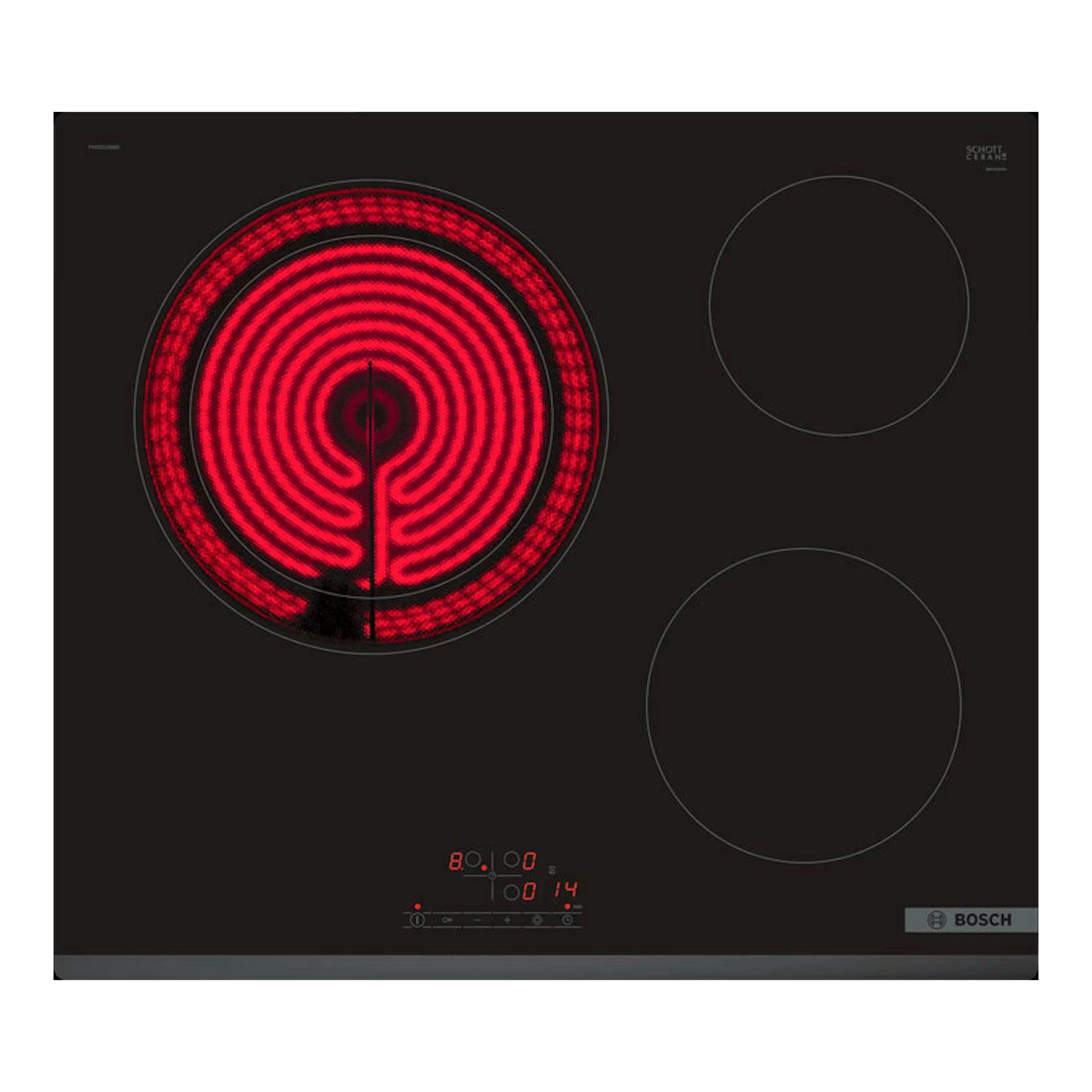 Placa vitrocerámica Bosch PKK631BB8E negra, vista frontal, con una zona de cocción encendida en rojo.