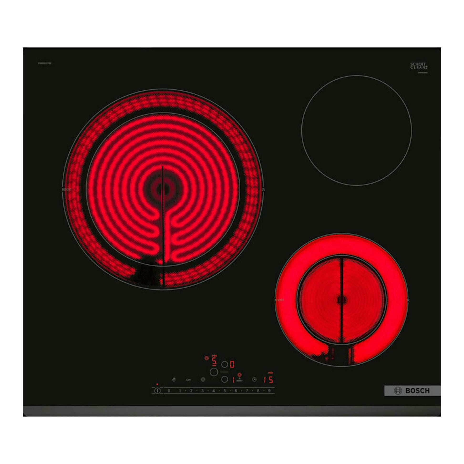 Placa vitrocerámica Bosch PKK631FP8E negra, vista frontal, con tres zonas circulares encendidas en rojo.