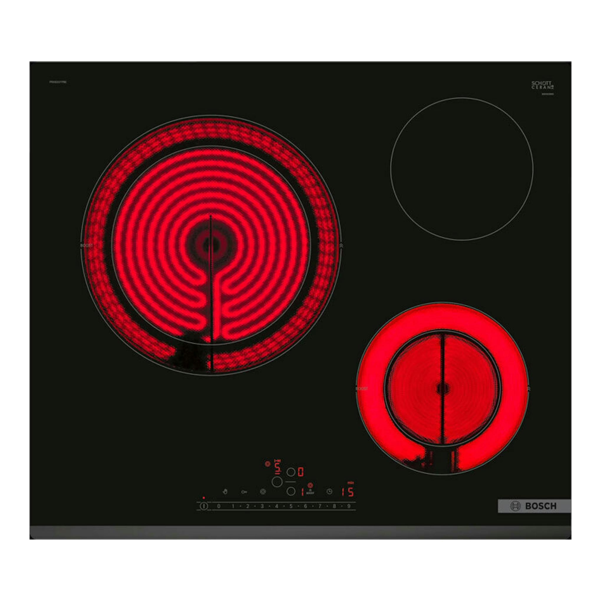 Placa vitrocerámica Bosch PKK631FP8E negra, vista frontal, con tres zonas circulares encendidas en rojo.