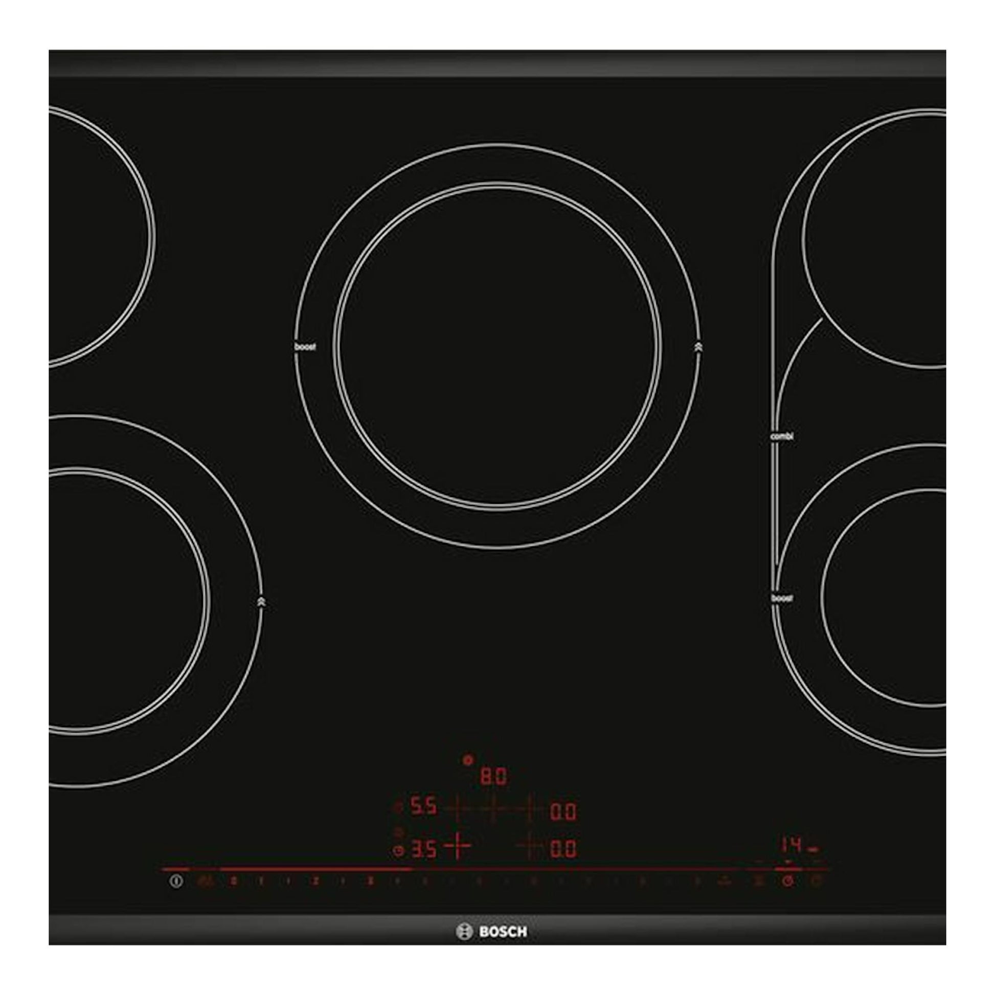 Placa vitrocerámica Bosch PKM875DP1D negra, vista superior, con 4 zonas de cocción circulares.