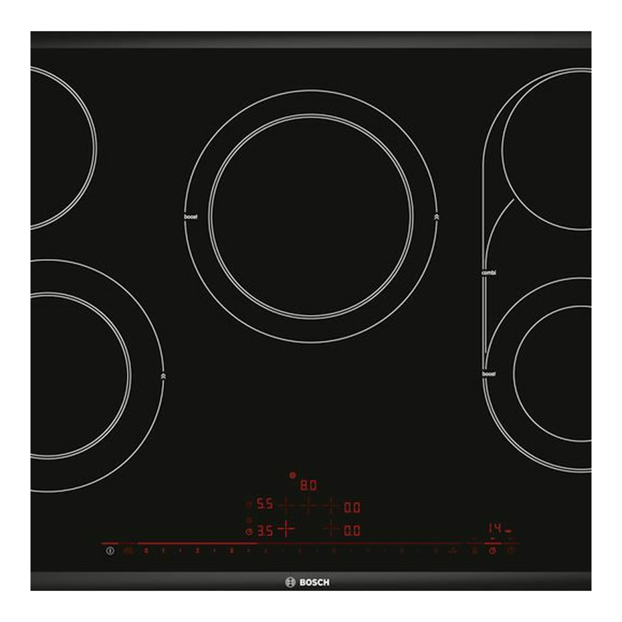 Placa vitrocerámica Bosch PKM875DP1D negra, vista superior, con 4 zonas de cocción circulares.
