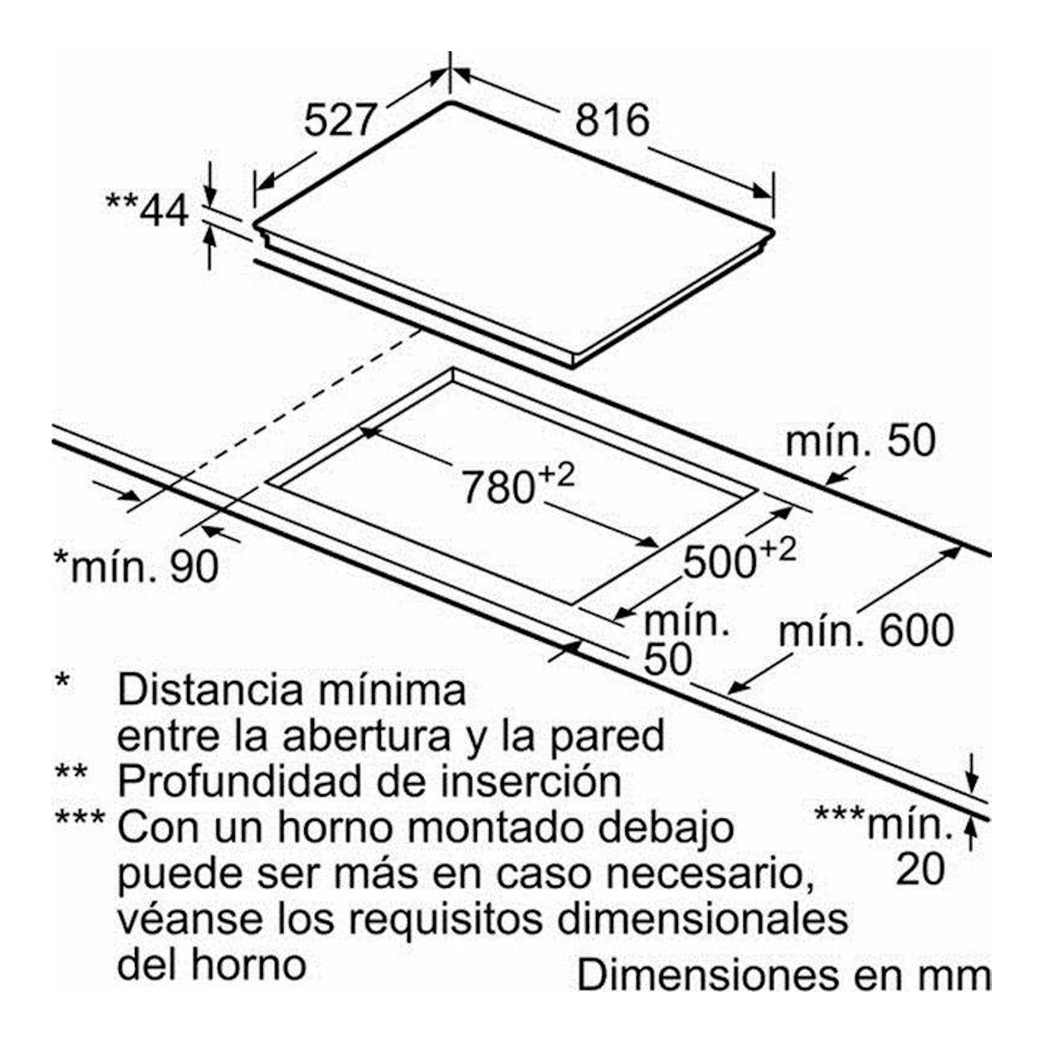 Bosch PKM875DP1D: esquema técnico de placa vitrocerámica empotrable negra con medidas de instalación.