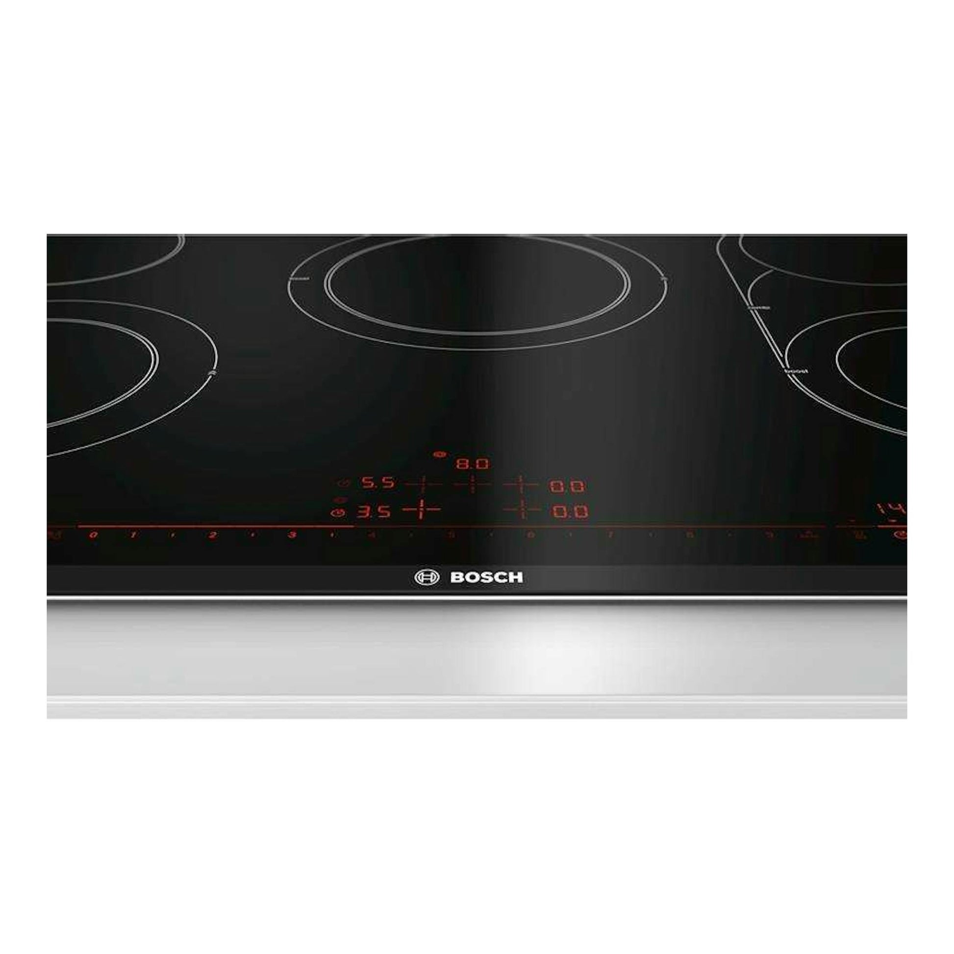 Placa vitrocerámica Bosch PKM875DP1D negra, vista frontal superior con mandos táctiles rojos.
