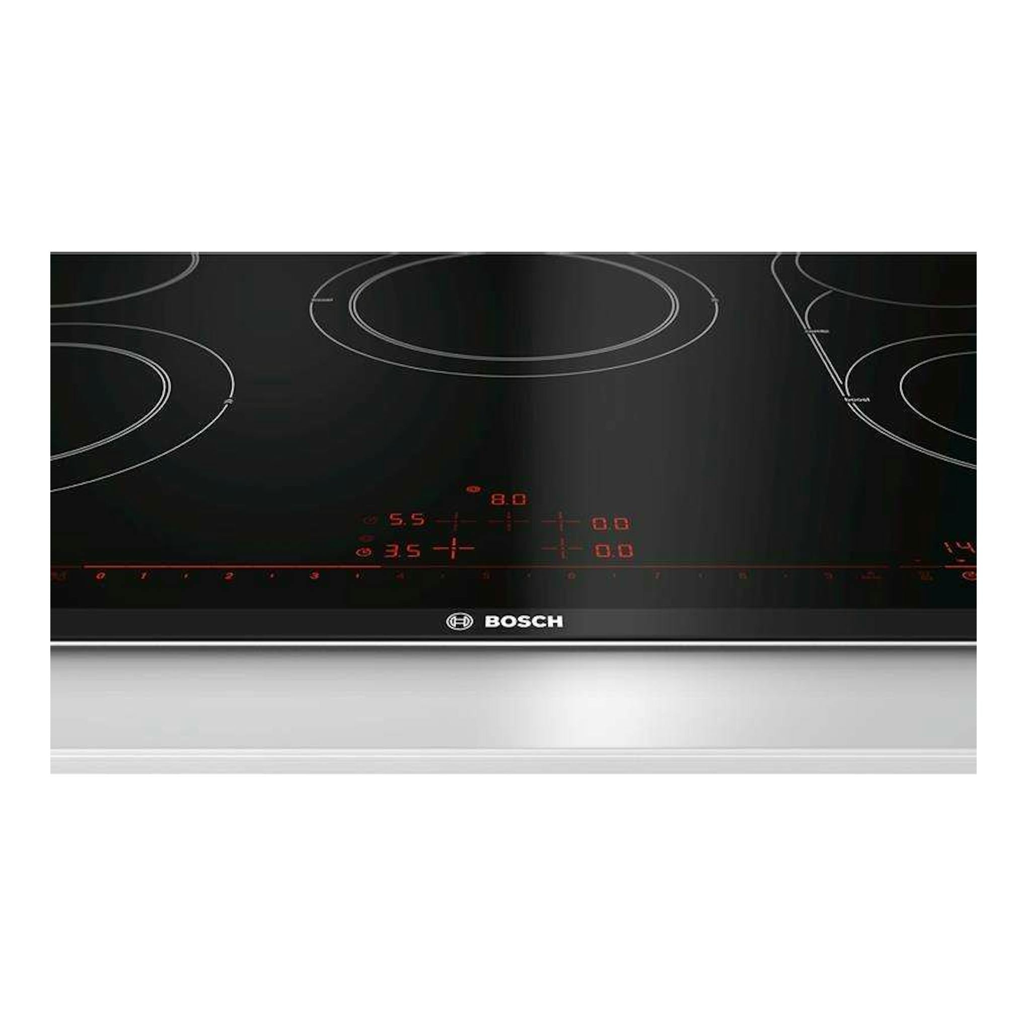 Placa vitrocerámica Bosch PKM875DP1D negra, vista frontal superior con mandos táctiles rojos.