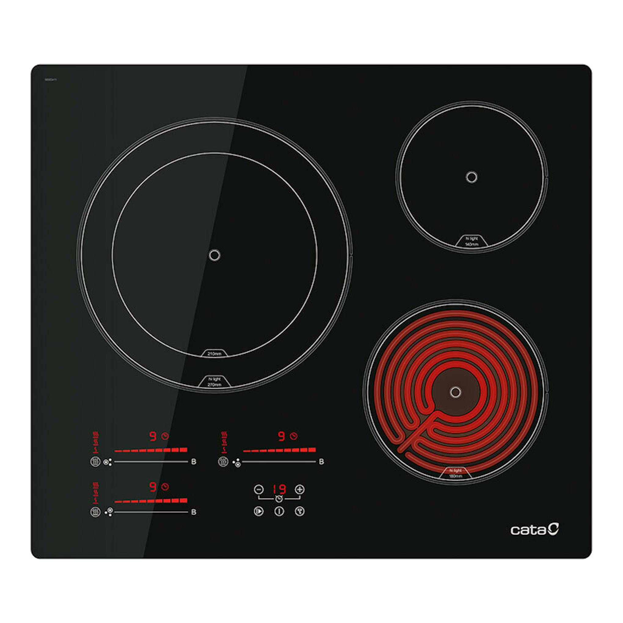 Placa vitrocerámica Cata TDM6003 negra, vista superior, con tres zonas de cocción circulares y panel táctil.