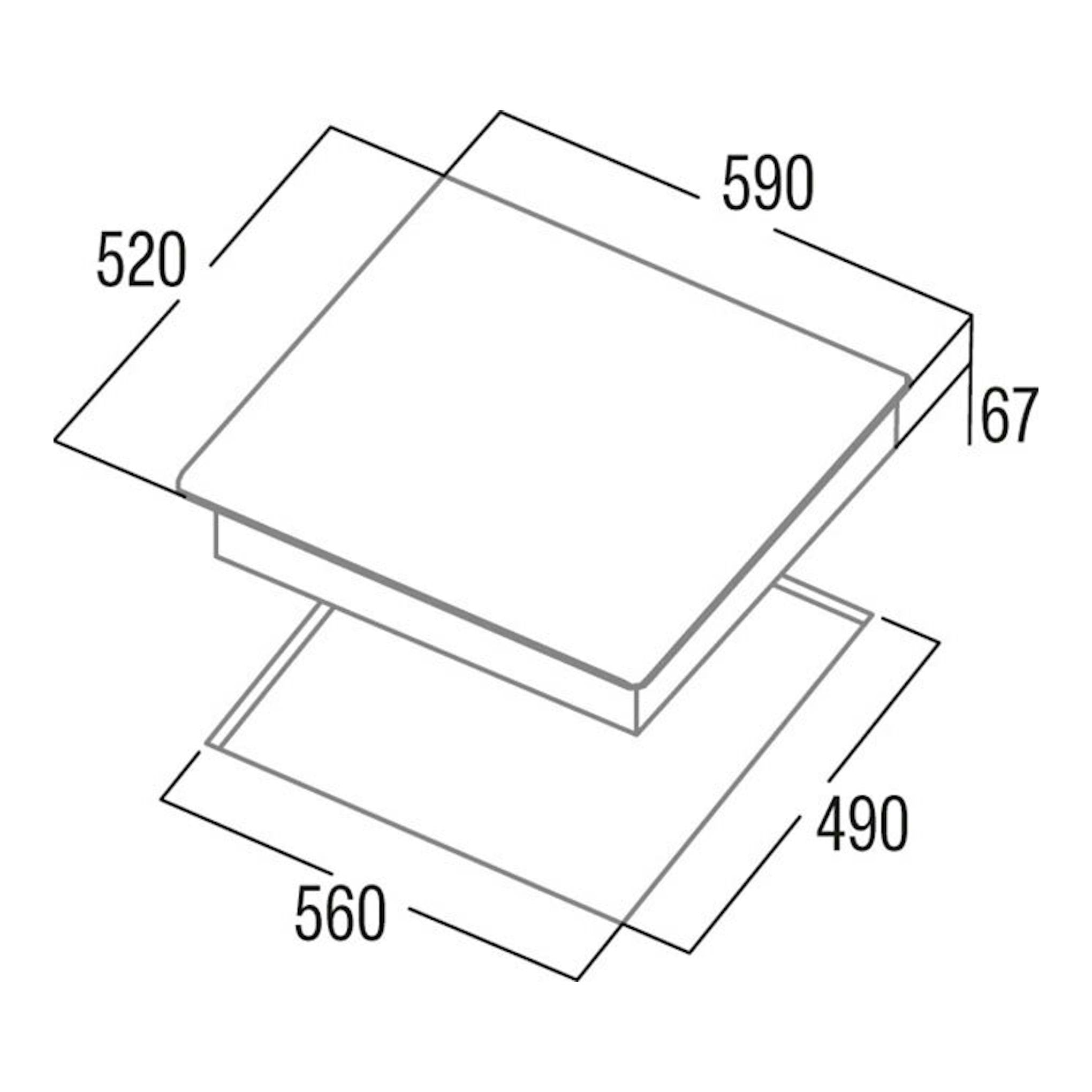 Placa vitrocerámica Cata TDM6003, dibujo técnico isométrico blanco, con medidas 590x520 mm y hueco 560x490 mm.