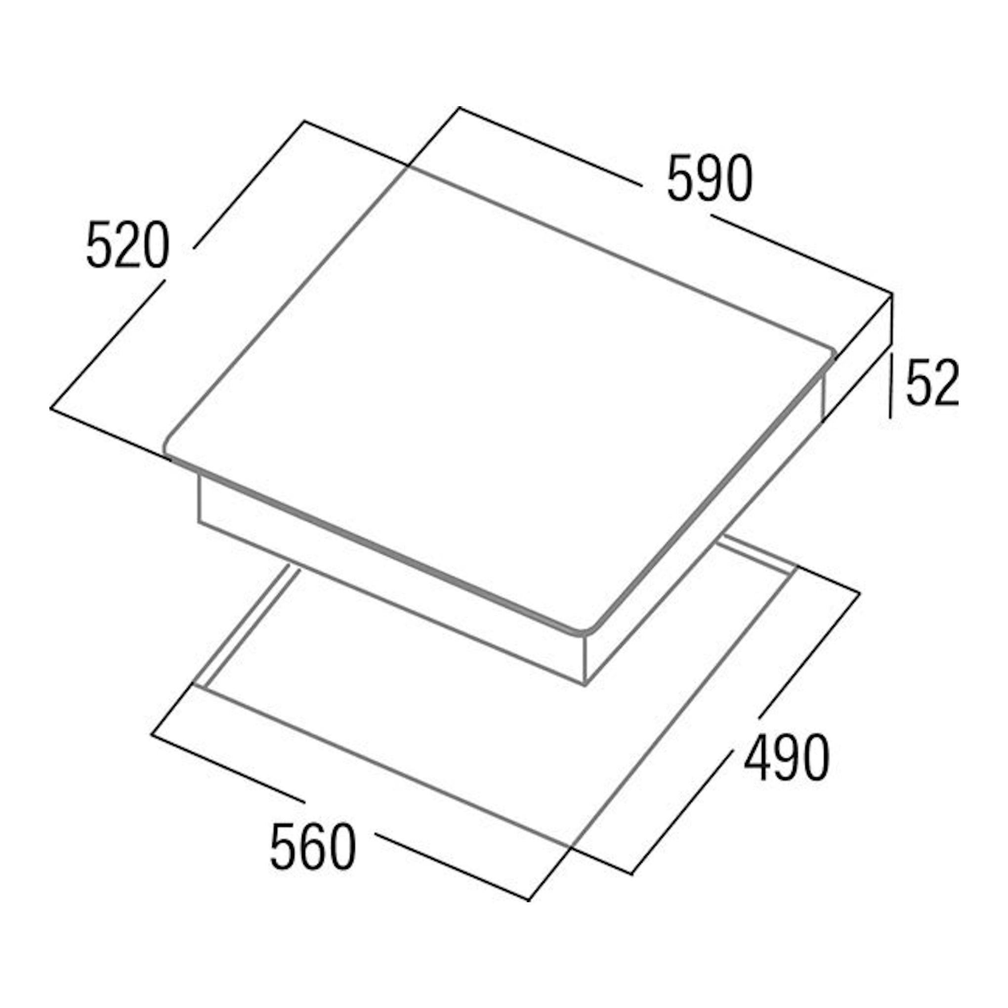 Esquema isométrico de la placa vitrocerámica Cata TT6003 e-tech, con medidas 590, 520, 560, 490 y 52 mm.