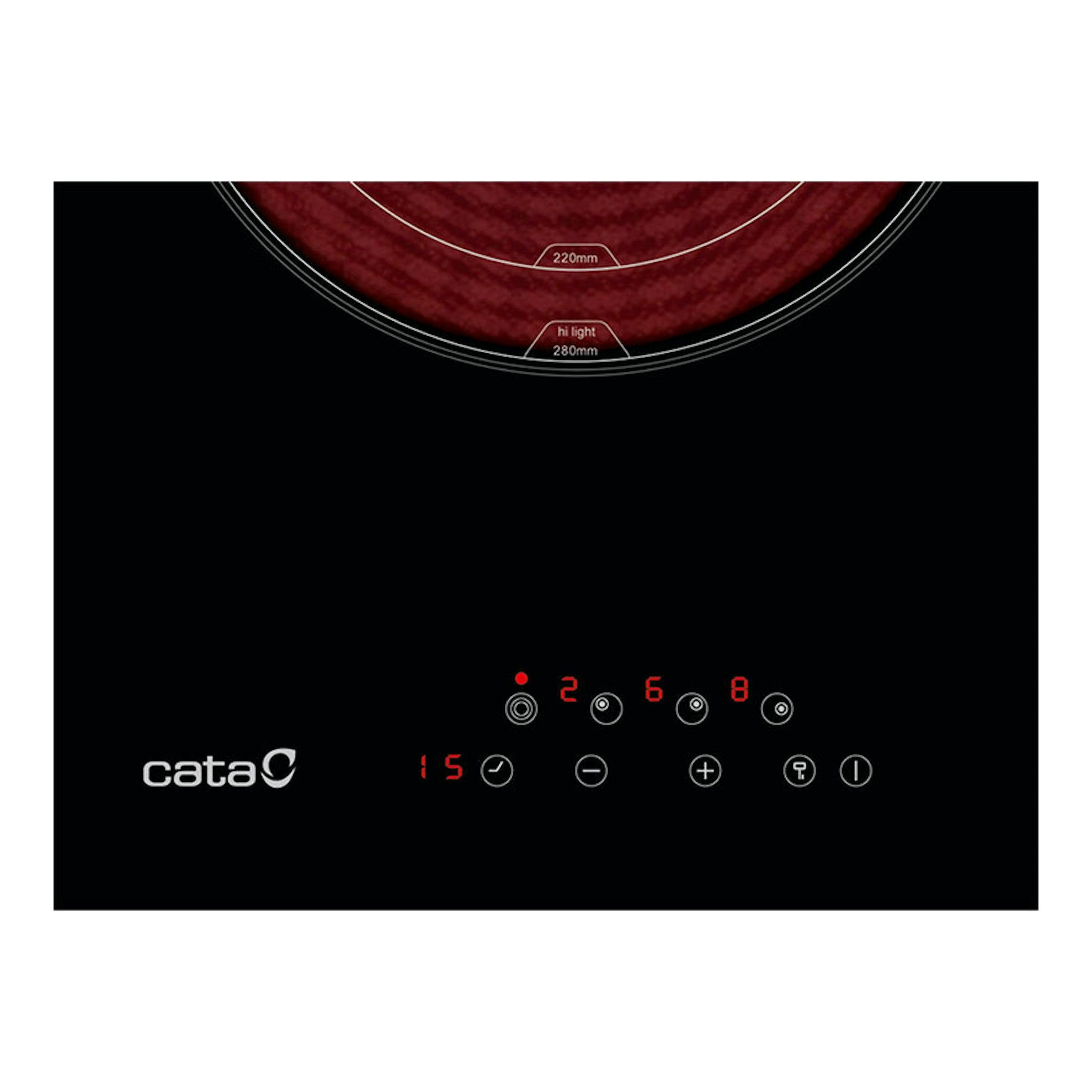 Placa vitrocerámica Cata TT6003 negra, vista frontal, con controles táctiles y display digital.