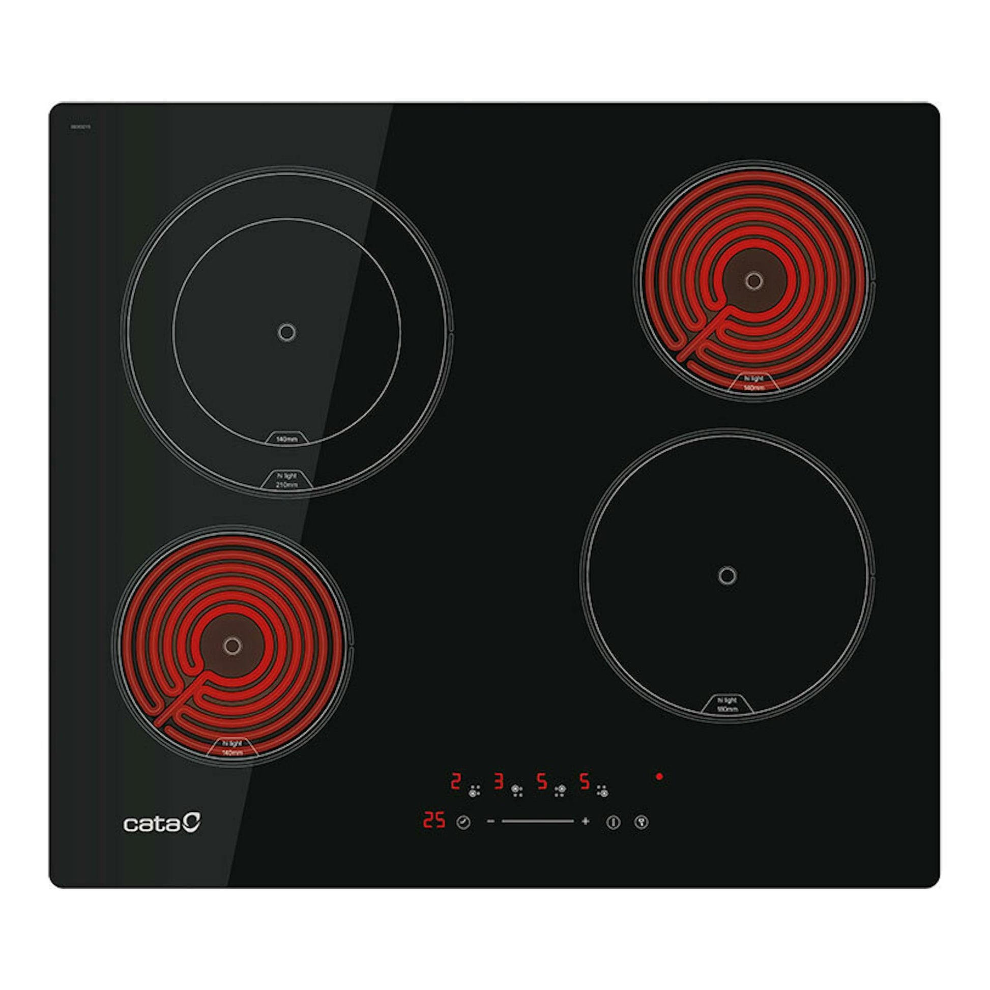 Placa vitrocerámica Cata TT6004 BK negra, vista frontal, con cuatro zonas de cocción circulares.
