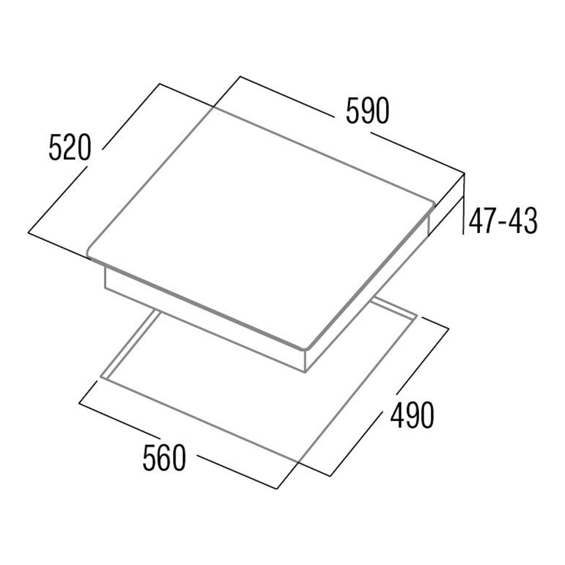 Diagrama técnico de placa vitrocerámica Cata TT6004 BK, vista isométrica, con medidas 590x520 mm y hueco 560x400 mm.