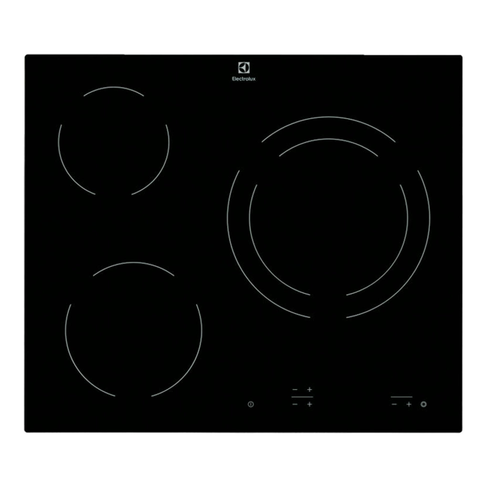 Placa vitrocerámica Electrolux EHF6231IOK negra, vista cenital, con cuatro zonas de cocción circulares.