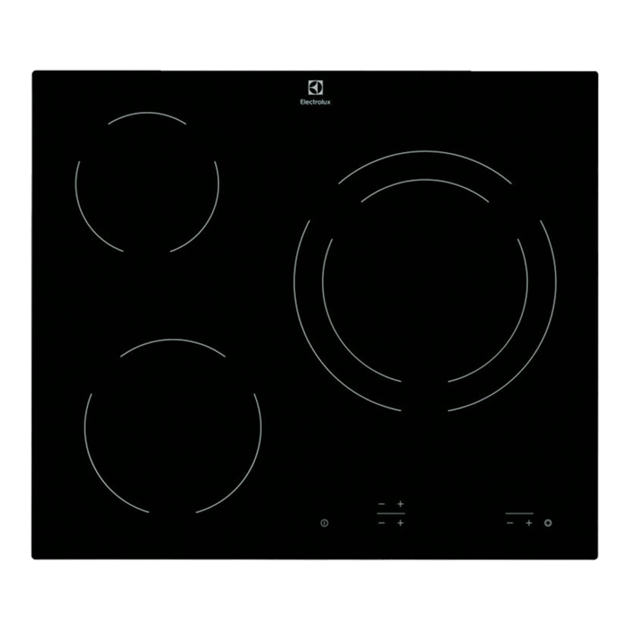 Placa vitrocerámica Electrolux EHF6231IOK negra, vista cenital, con cuatro zonas de cocción circulares.