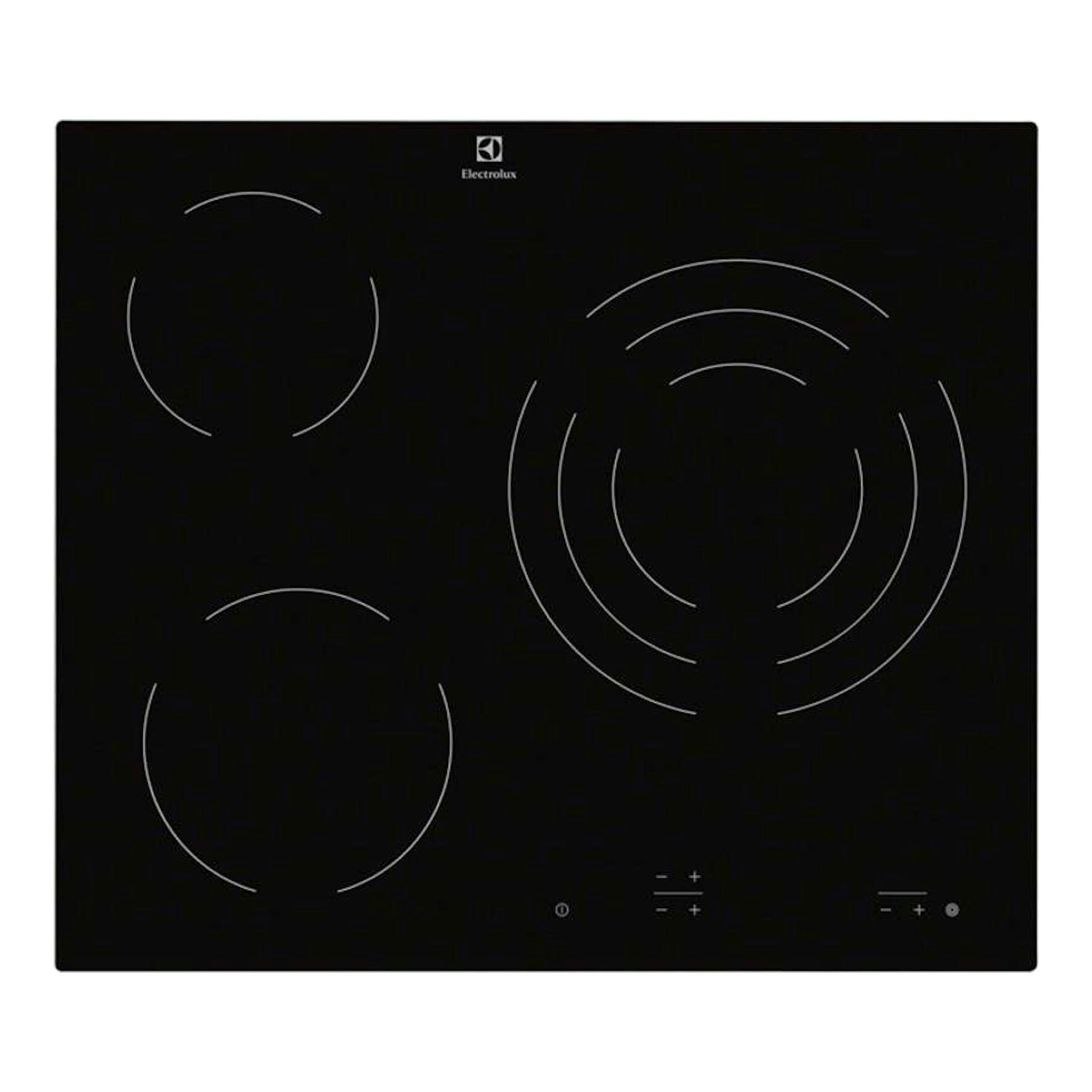 Placa vitrocerámica Electrolux EHF6232IOK negra, vista superior, con cuatro zonas de cocción y mandos táctiles.