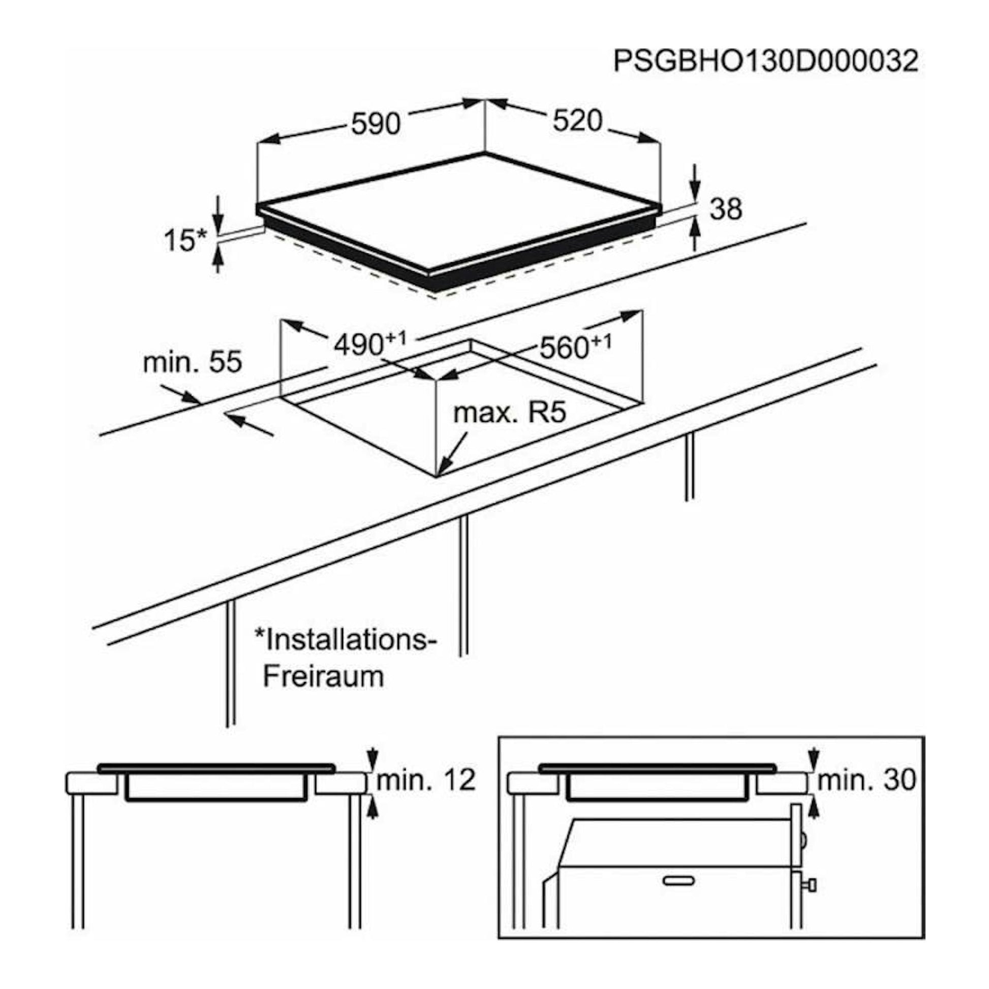 Diagrama de instalación de placa vitrocerámica Electrolux EHF6232IOK, vista superior y lateral con medidas.
