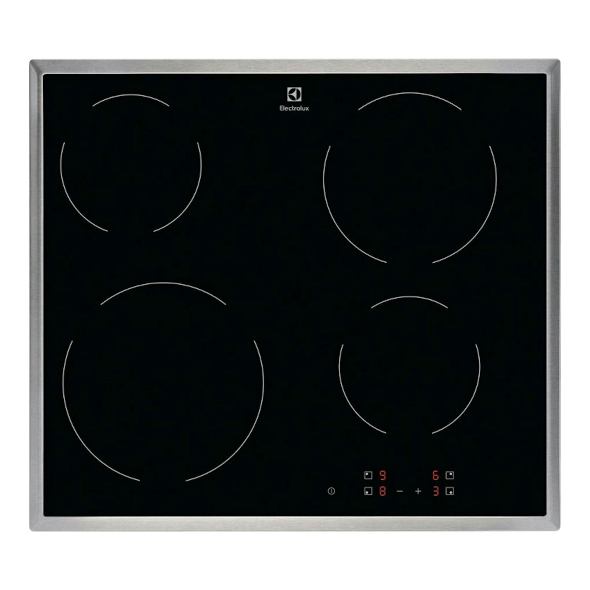 Placa vitrocerámica Electrolux LRR6430M negra, vista frontal, con marco de acero inoxidable.