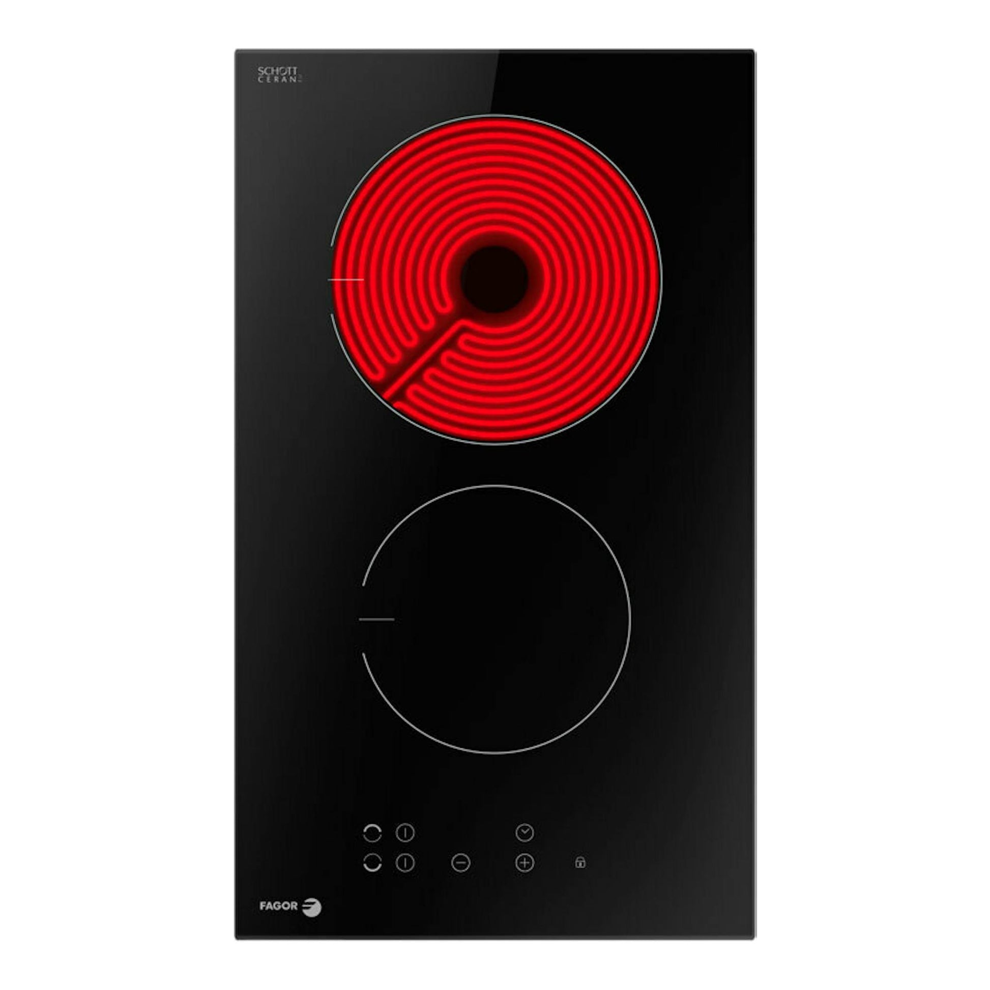 Placa vitrocerámica Fagor 3MFT-2AC negra de 30 cm, vista frontal, con una zona roja encendida y controles táctiles.