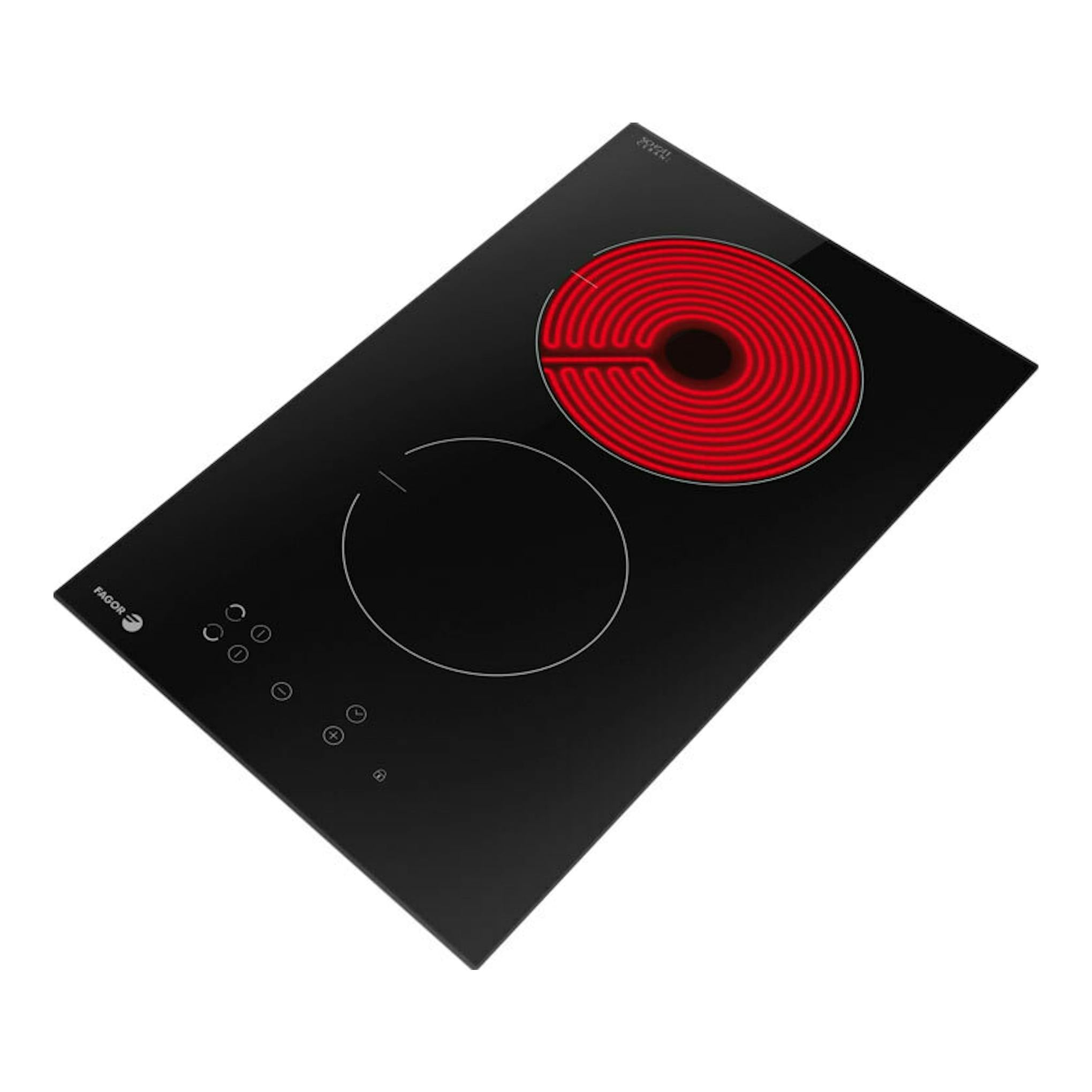 Placa vitrocerámica Fagor 3MFT-2AC negra, vista en diagonal, con una zona roja encendida y controles táctiles.