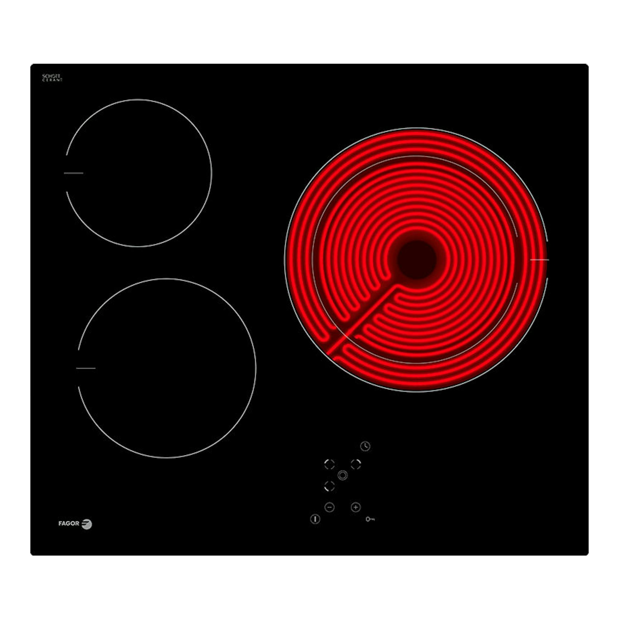 Placa vitrocerámica Fagor 3VFT-33AC negra, vista superior, con tres zonas de cocción; una encendida en rojo.