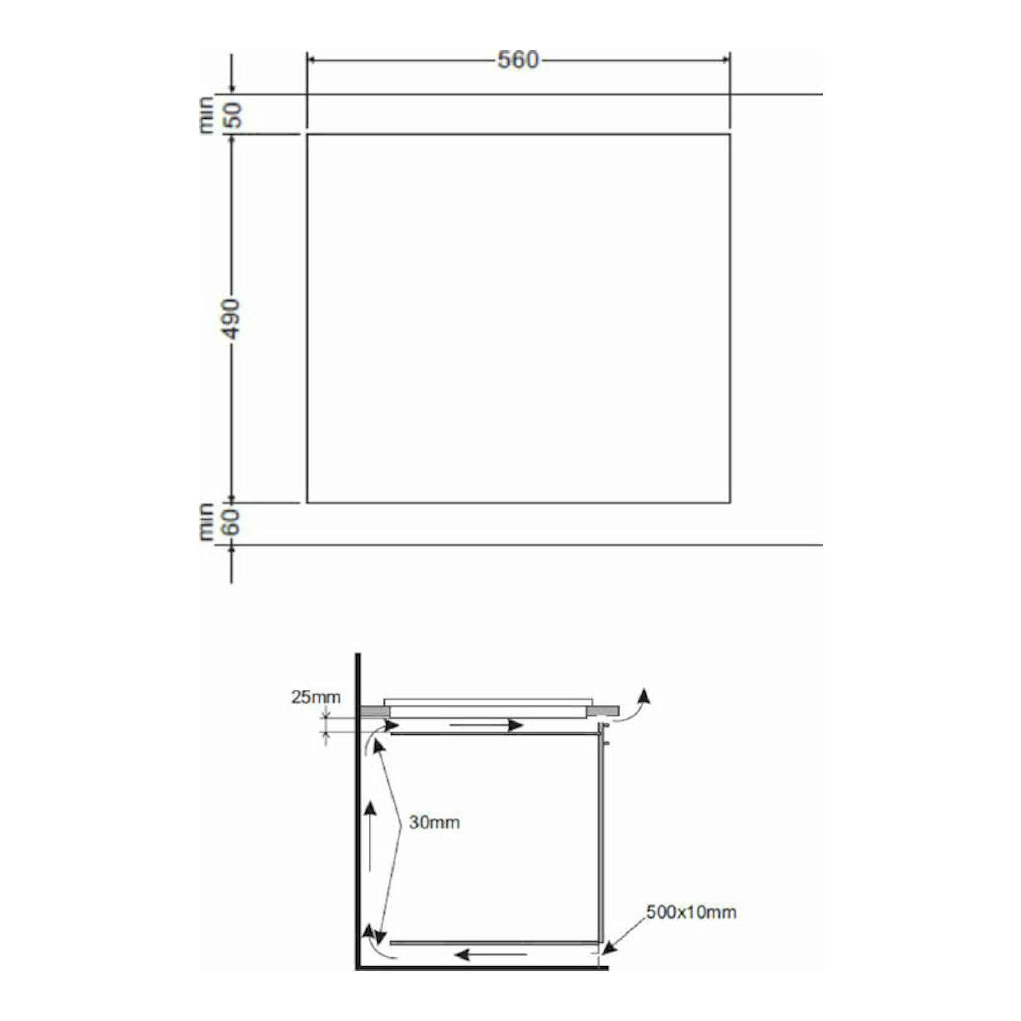 Fagor 3VFT-33AC: plano técnico de placa vitrocerámica 60 cm, vista superior y lateral con medidas.
