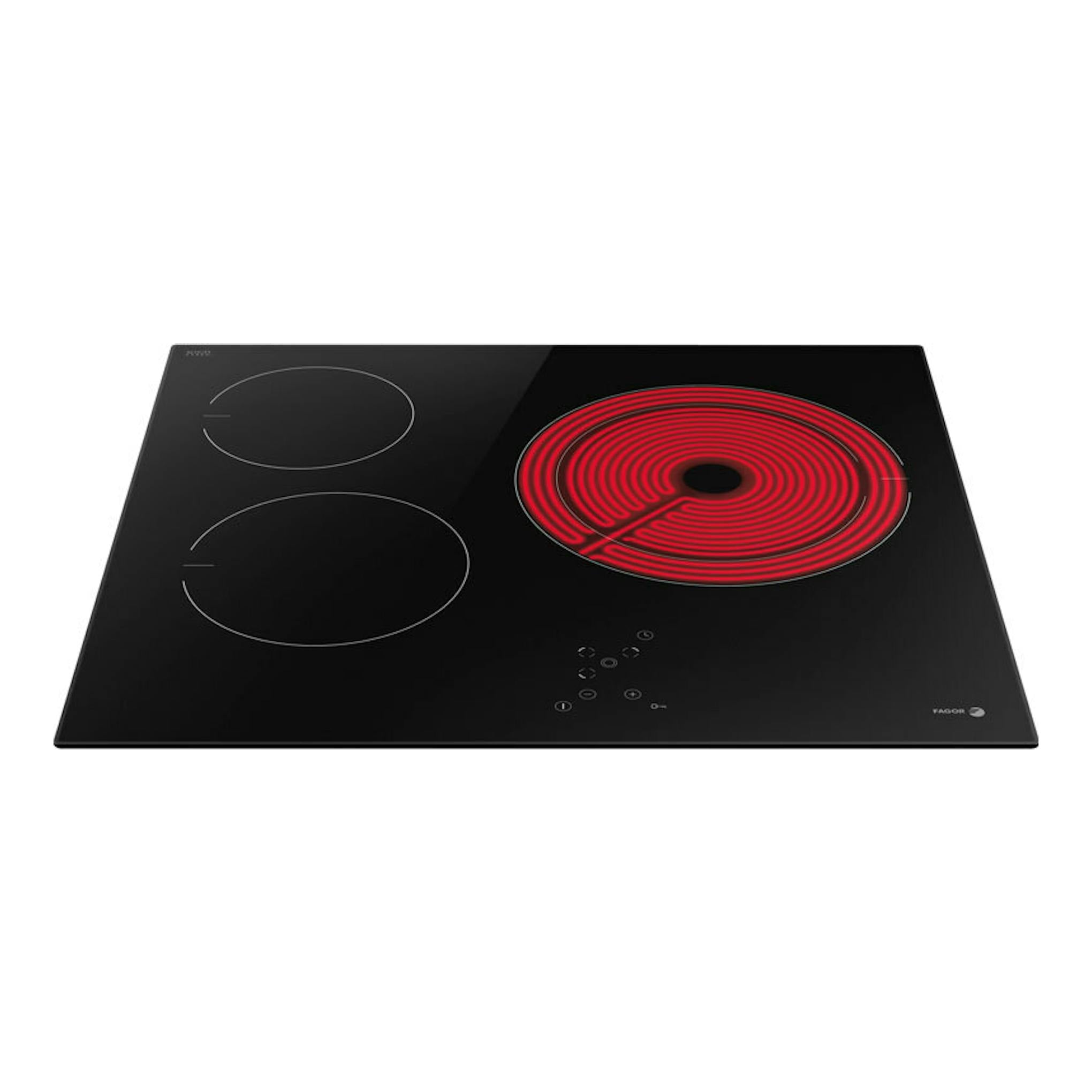 Placa vitrocerámica Fagor negra, vista frontal inclinada, con tres zonas de cocción; una encendida en rojo.