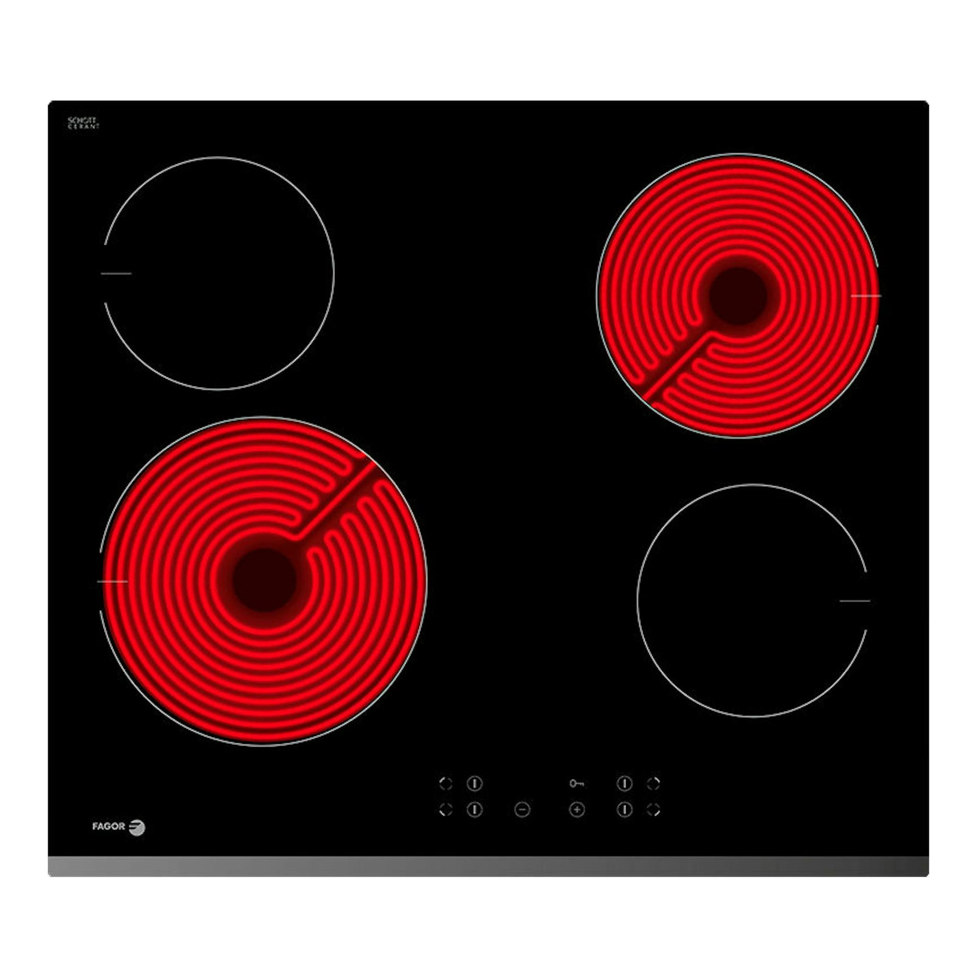 Placa vitrocerámica Fagor 3VFT-40AS negra, vista frontal, con cuatro zonas circulares y dos encendidas en rojo.