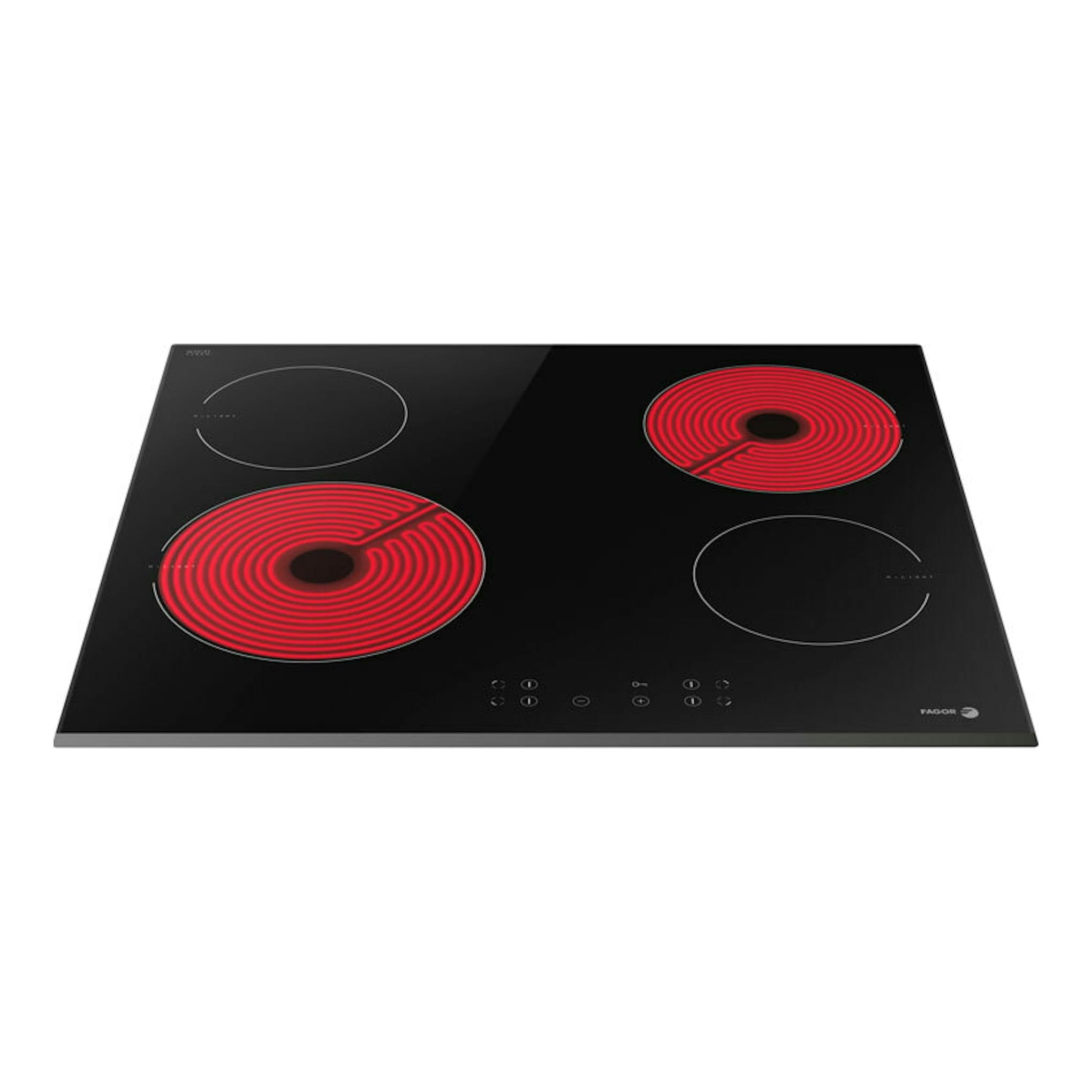 Placa vitrocerámica Fagor 3VFT-40AS negra, vista frontal, con cuatro zonas y dos rojas encendidas.