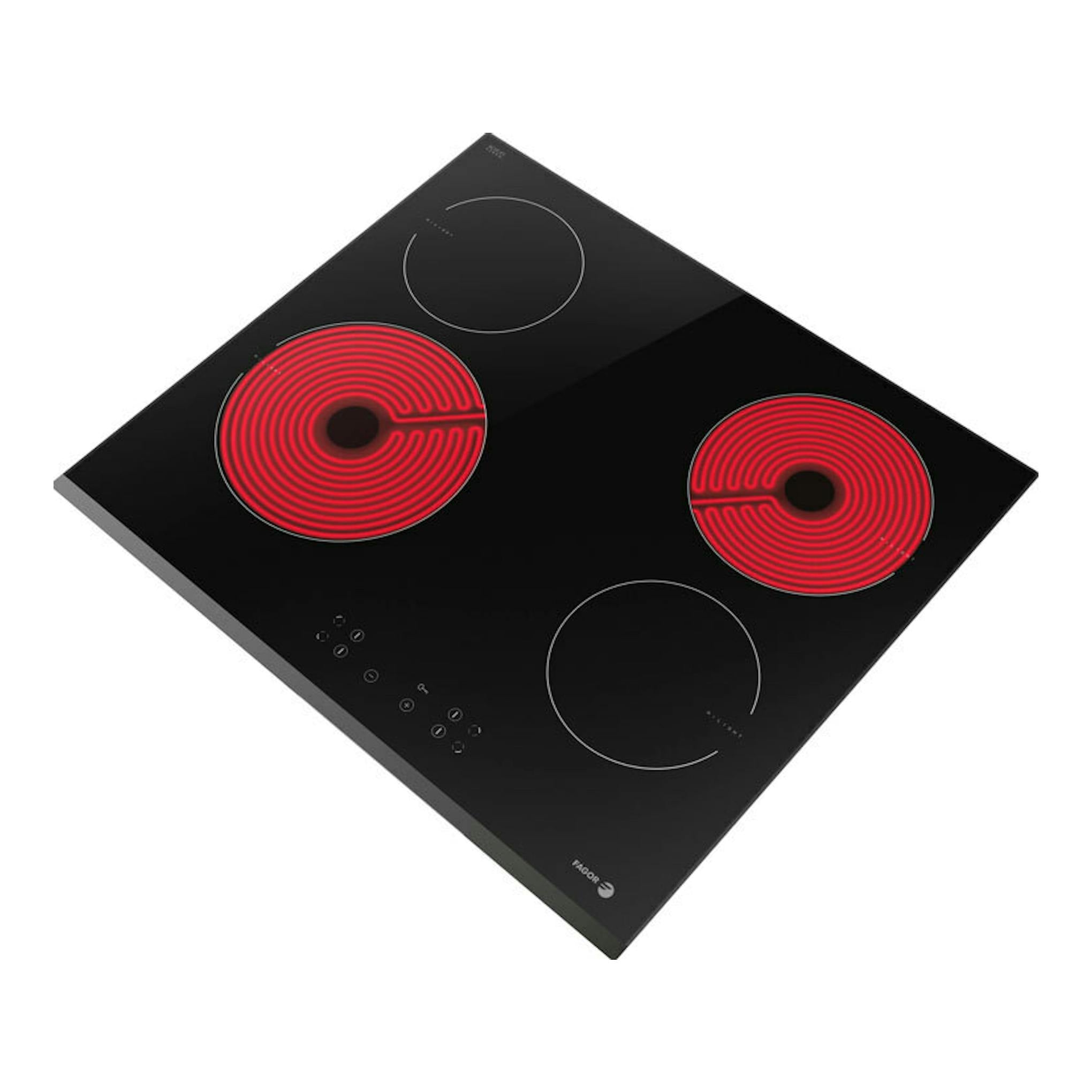 Placa vitrocerámica Fagor 3VFT-40AS negra, vista en ángulo, con dos zonas rojas encendidas.