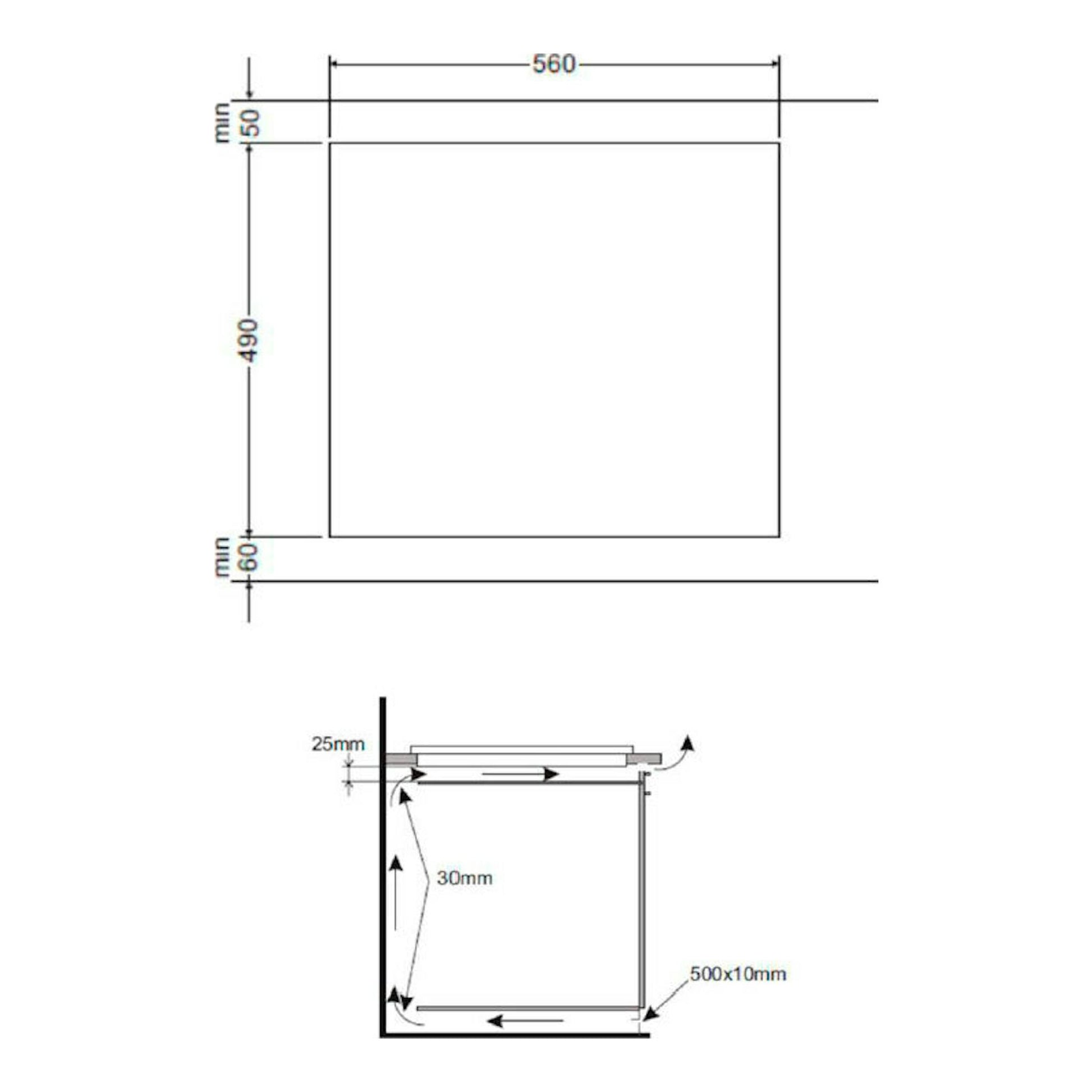 Esquema técnico de la placa vitrocerámica Fagor 3VFT40AC, vista superior y lateral, con medidas 560 x 490 mm.