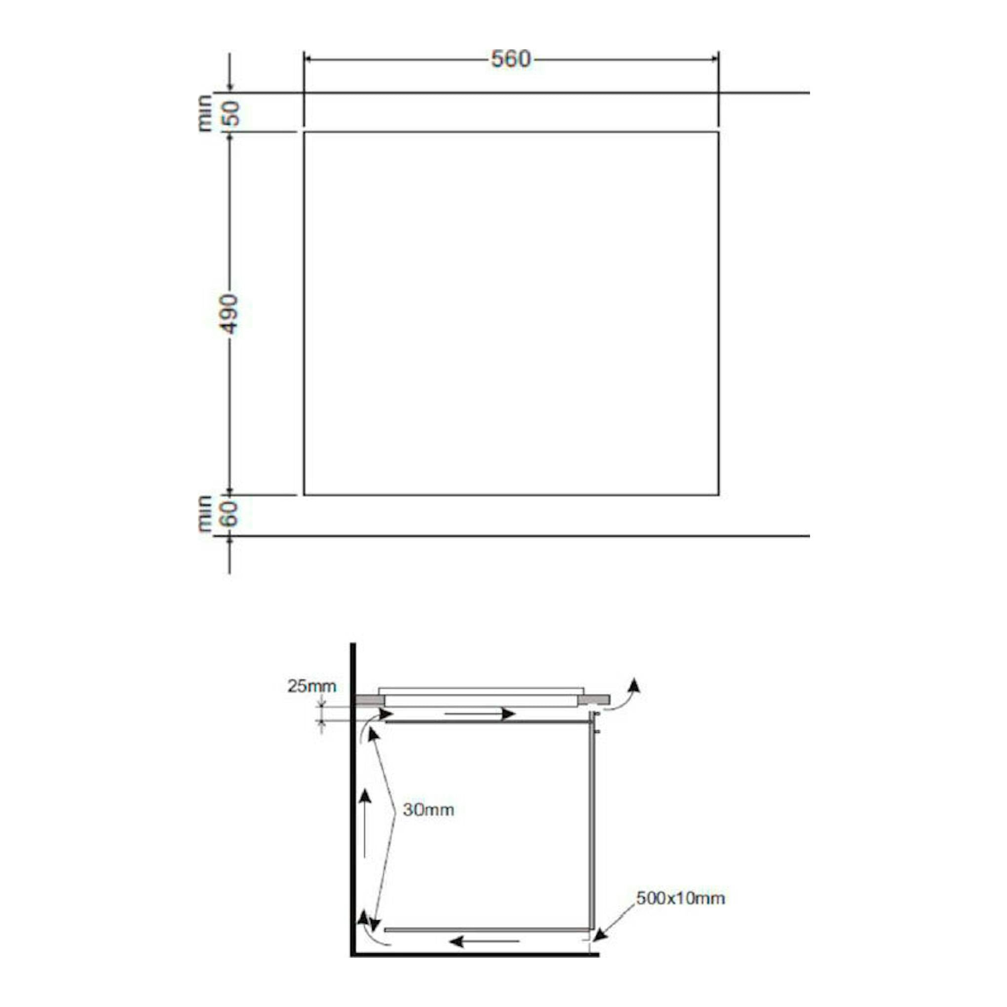 Esquema técnico de la placa vitrocerámica Fagor 3VFT40AC, vista superior y lateral, con medidas 560 x 490 mm.