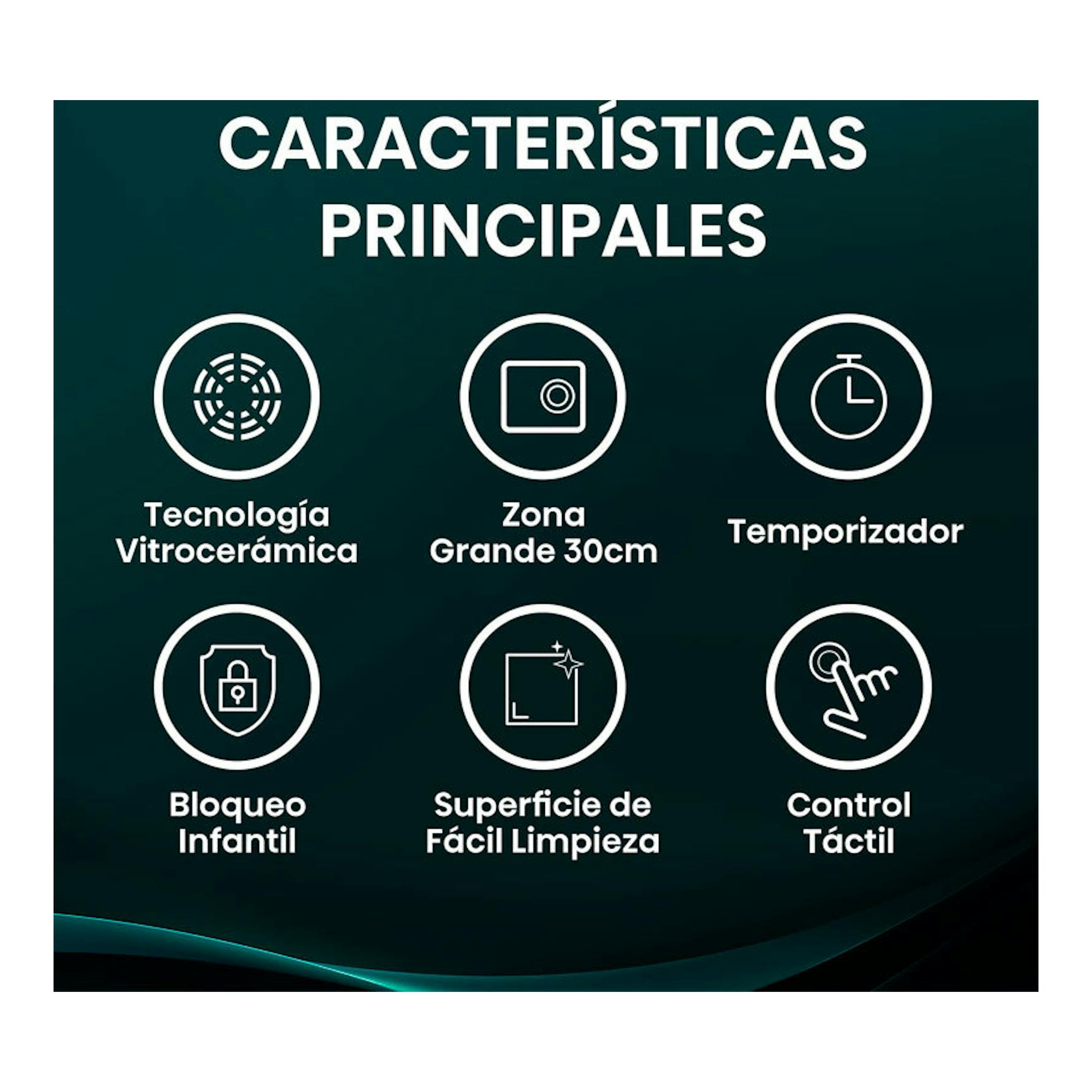 Hisense E6332BSCE: imagen de características de placa vitrocerámica negra con zona grande, temporizador y control táctil.