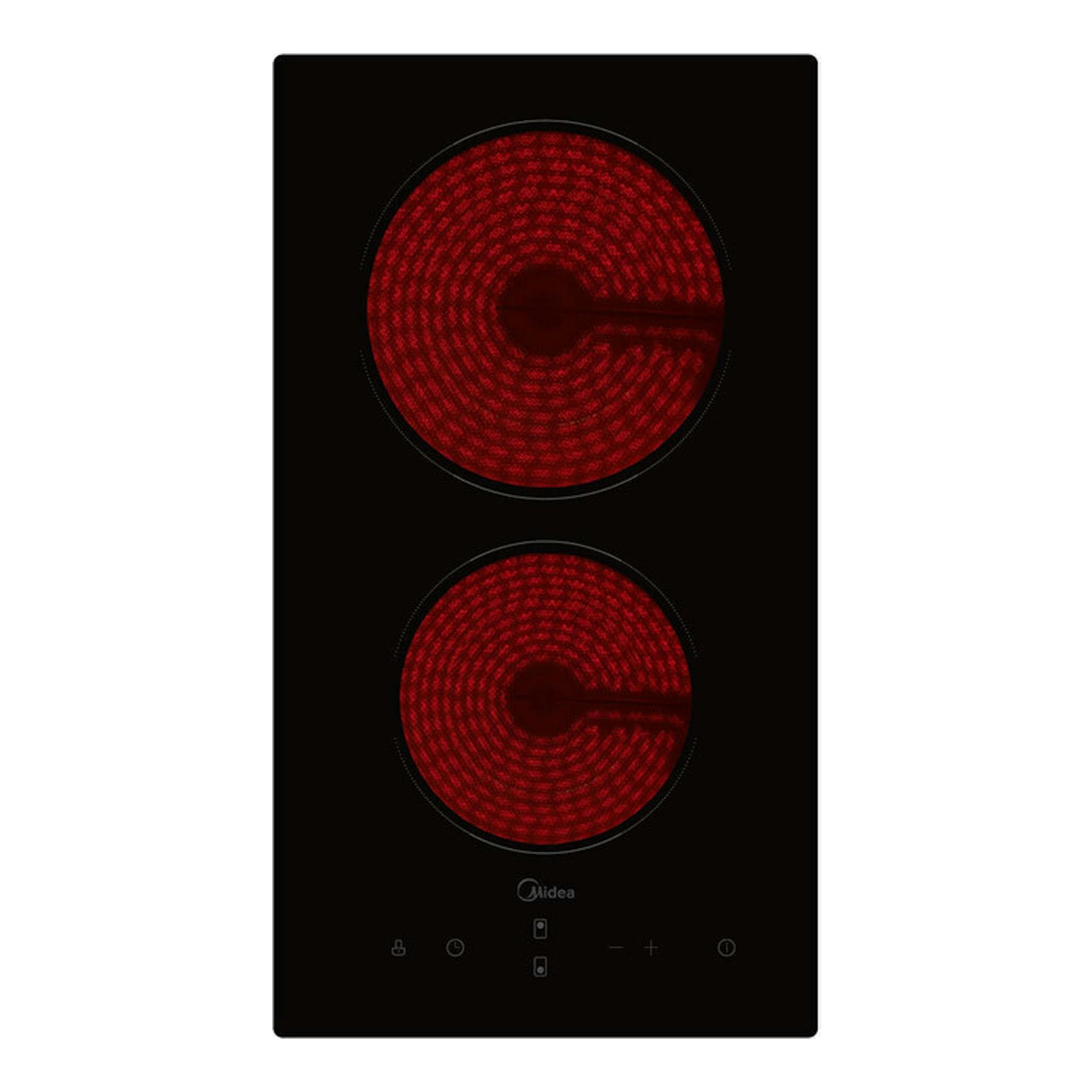Placa vitrocerámica Midea MCH300D111K0 negra, vista frontal, con dos zonas de cocción rojas.
