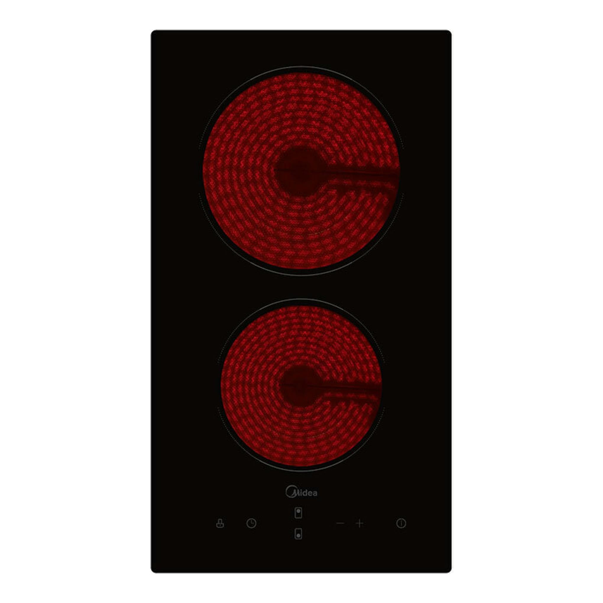 Placa vitrocerámica Midea MCH300D111K0 negra, vista frontal, con dos zonas de cocción rojas.