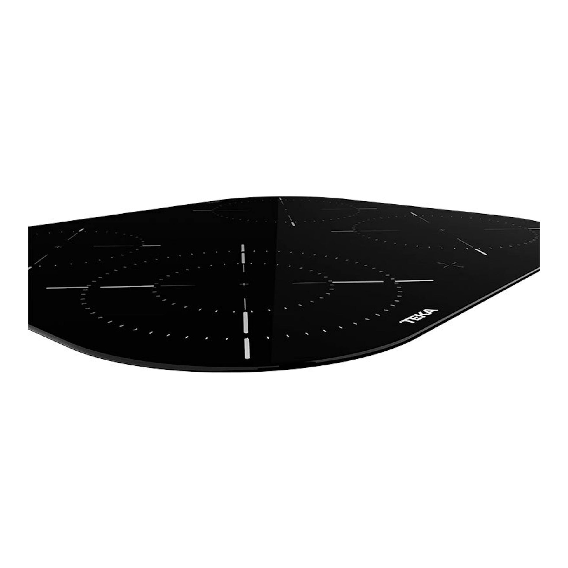 Placa vitrocerámica negra Teka TCC 64000 PLV, vista en ángulo, con mandos circulares marcados en la superficie.