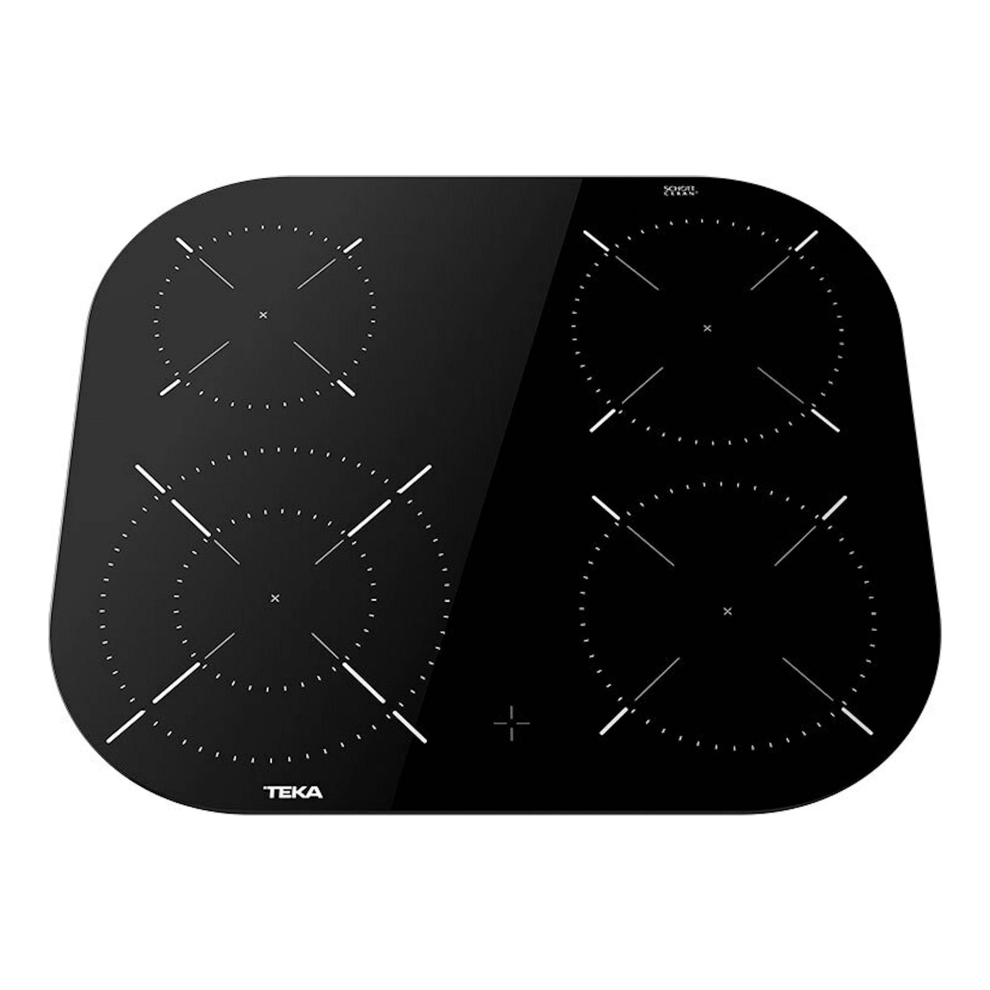 Placa vitrocerámica negra Teka TCC 64000 PLV, vista frontal, con cuatro zonas de cocción circulares.