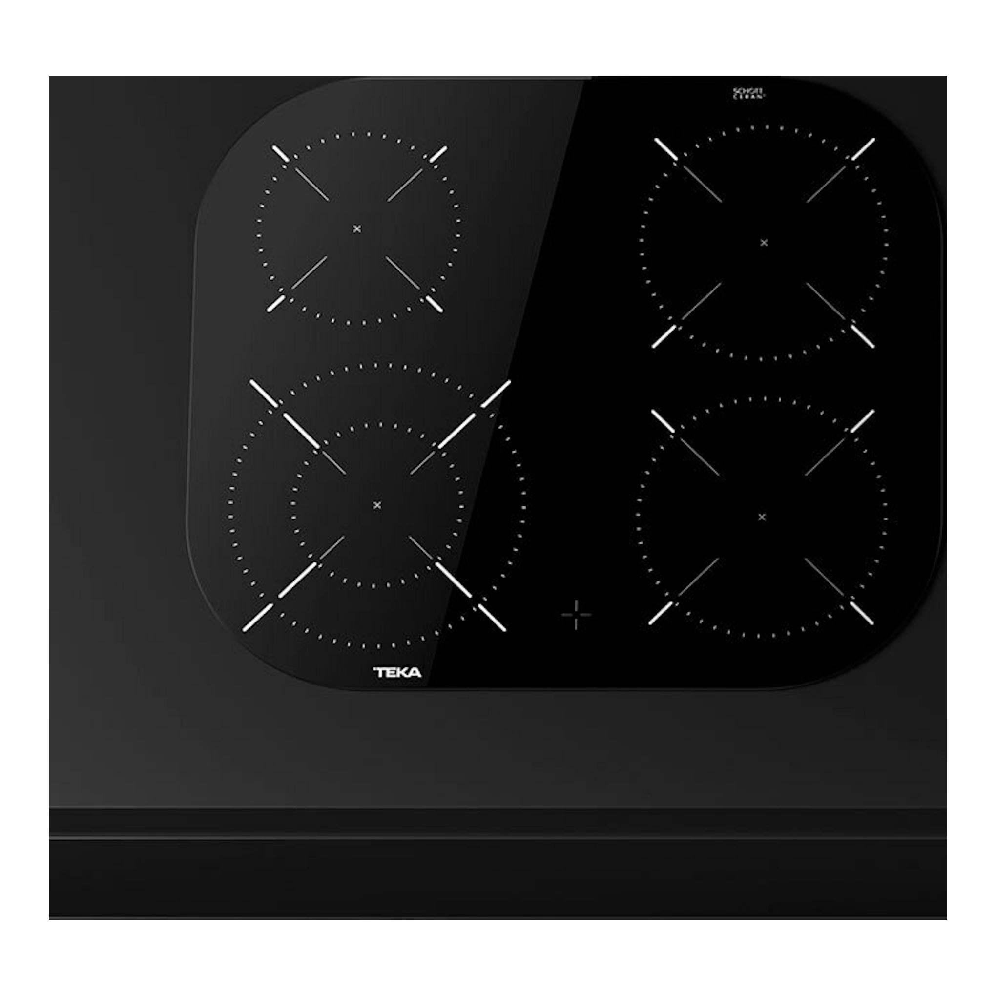 Placa vitrocerámica negra Teka TCC 64000 PLV, vista frontal, con cuatro zonas de cocción circulares.
