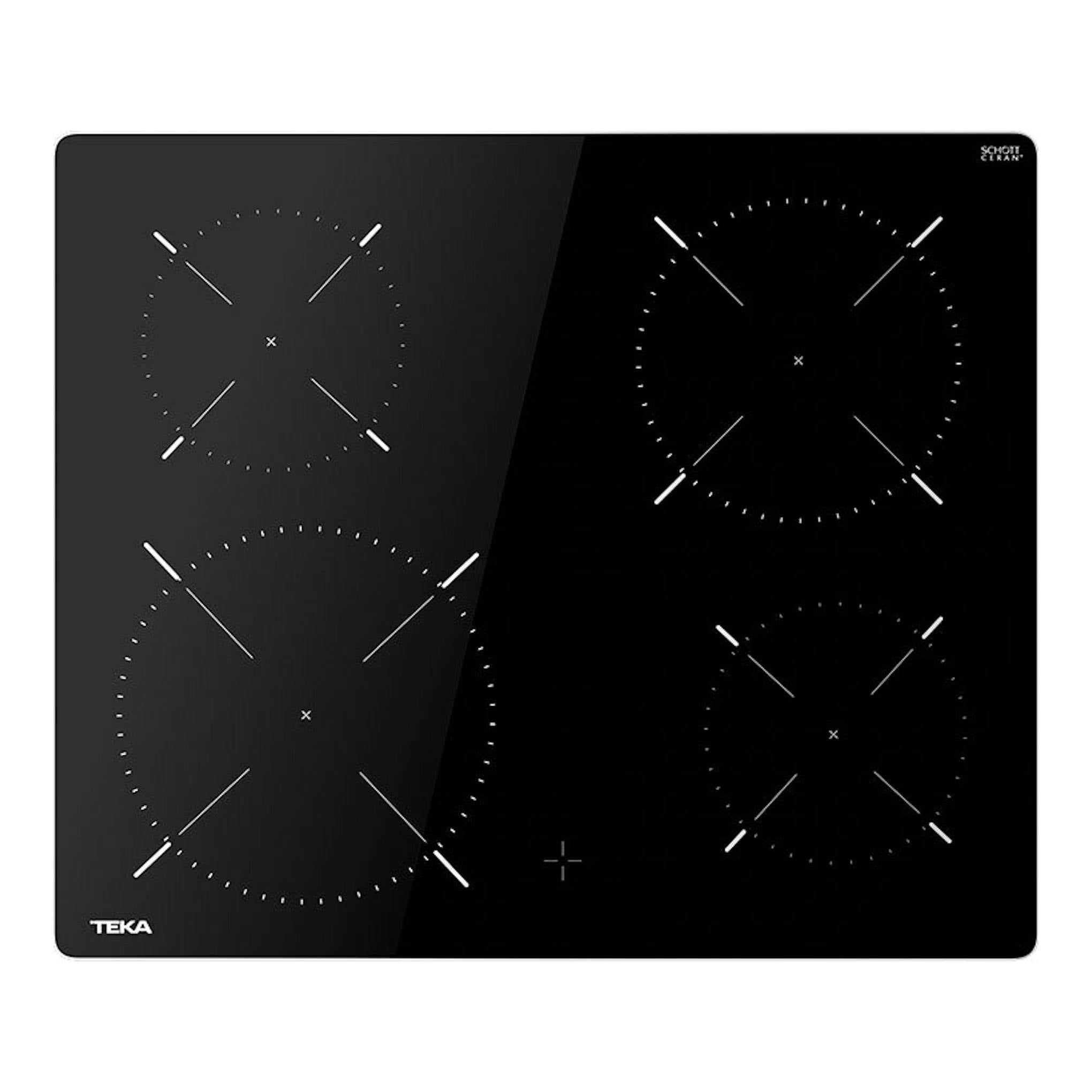 Placa vitrocerámica negra Teka, vista frontal, con cuatro zonas de cocción y diseño rectangular.