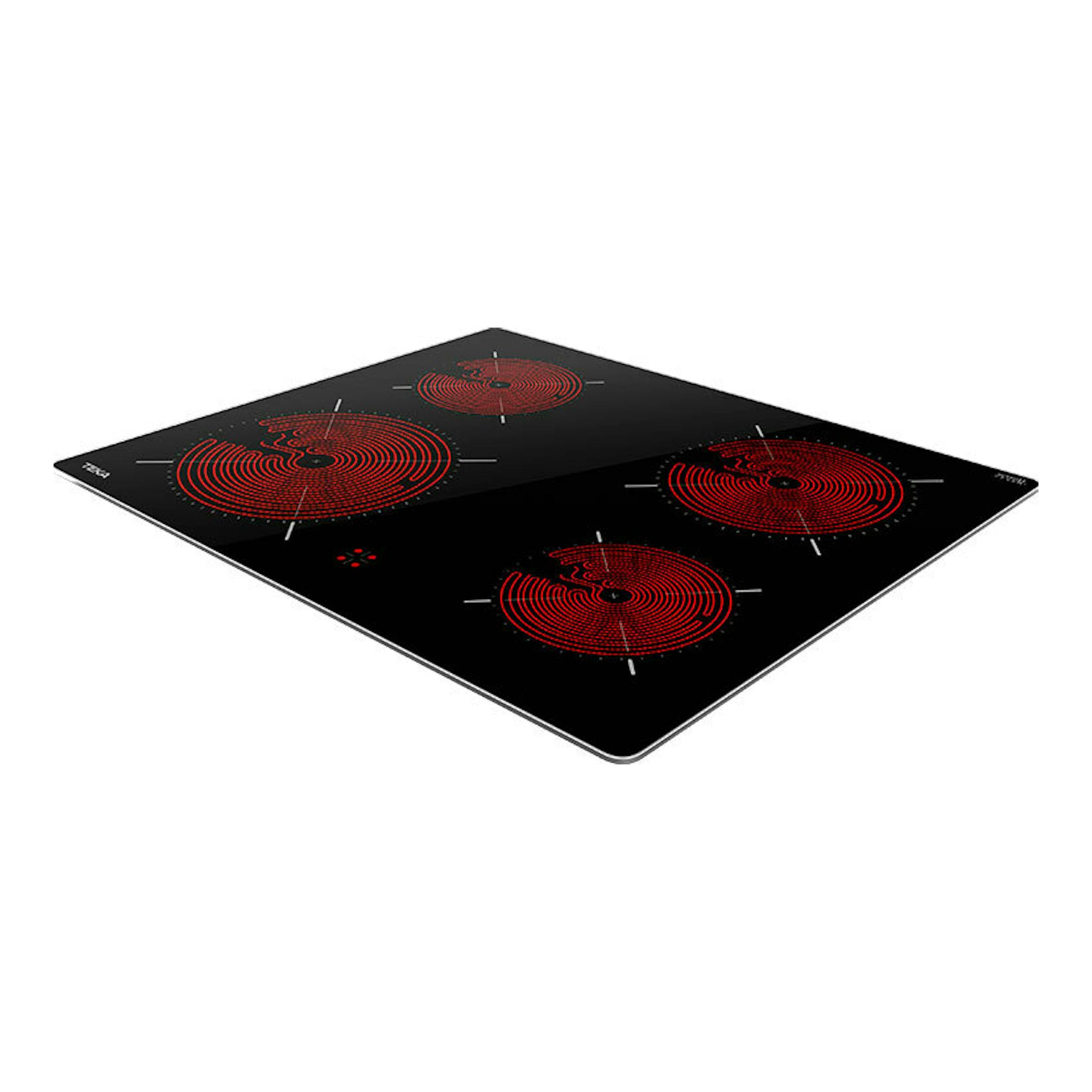 Placa vitrocerámica negra Teka TTC 64010 CRD BK, vista en ángulo con cuatro zonas rojas.