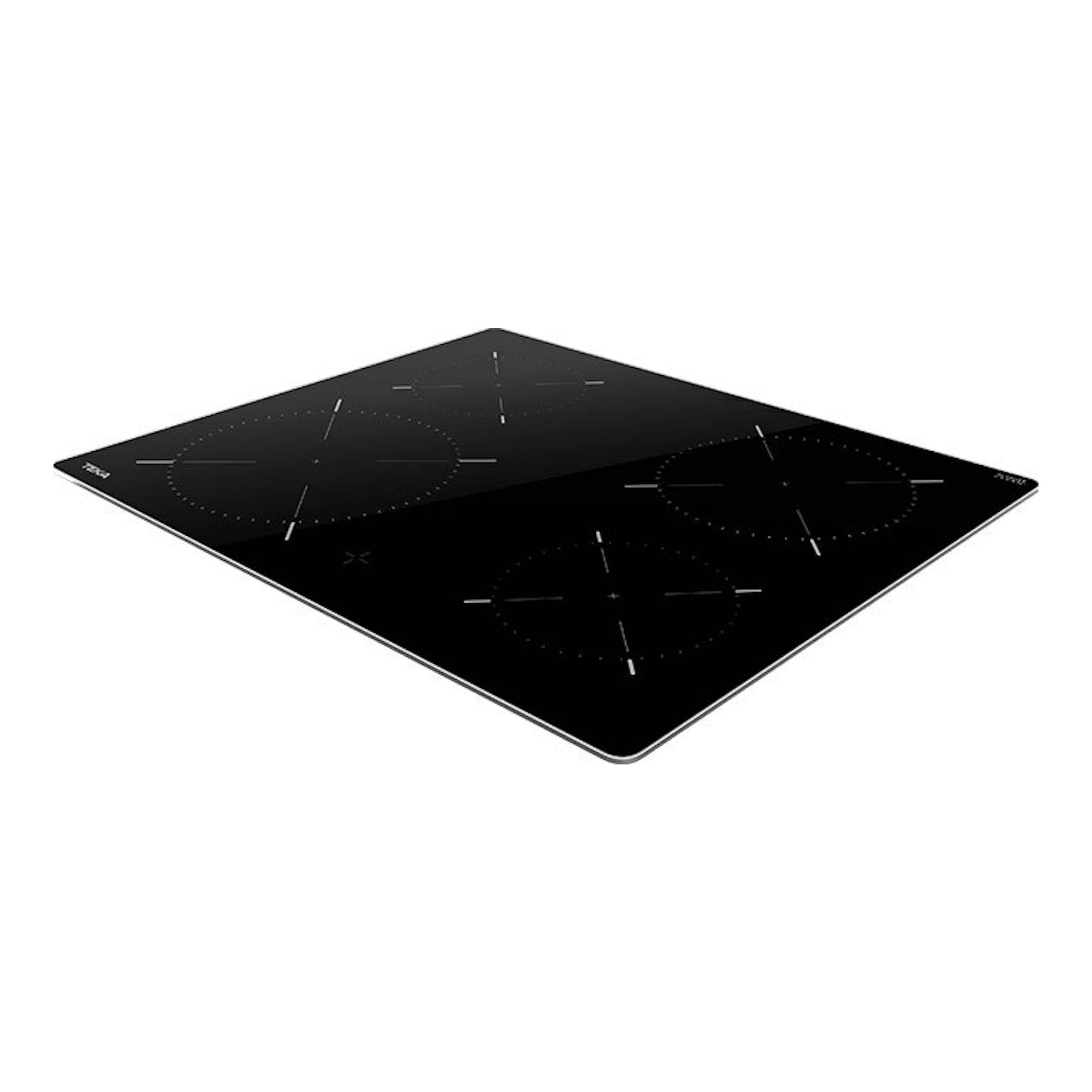 Placa vitrocerámica negra Teka TTC 64010 CRD BK, vista en perspectiva, con cuatro zonas circulares.