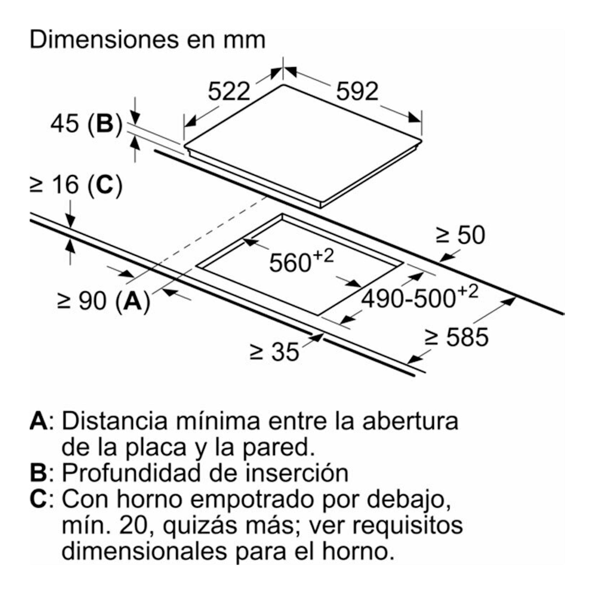Diagrama de instalación de placa vitrocerámica Siemens ET61RBKB8E, vista superior, con medidas en mm.