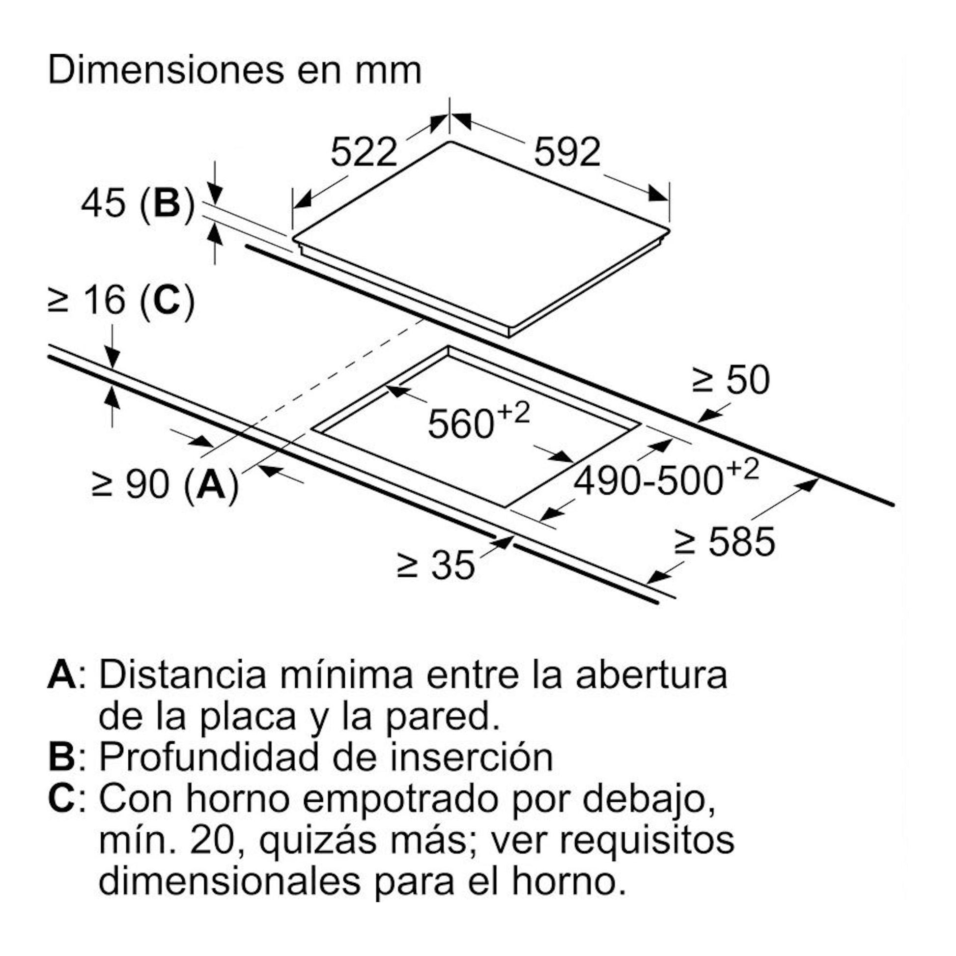 Diagrama técnico de instalación de la placa vitrocerámica Siemens ET631FFP8E, con medidas en mm.