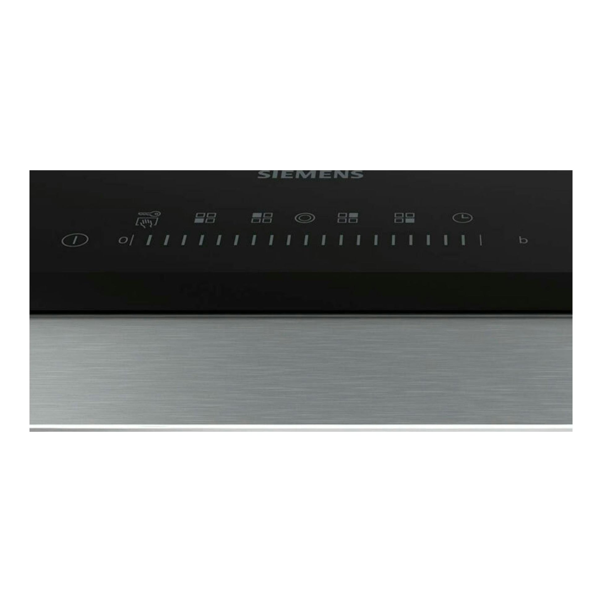 Placa vitrocerámica Siemens ET631FFP8E negra, vista superior con controles táctiles y zona frontal metálica.