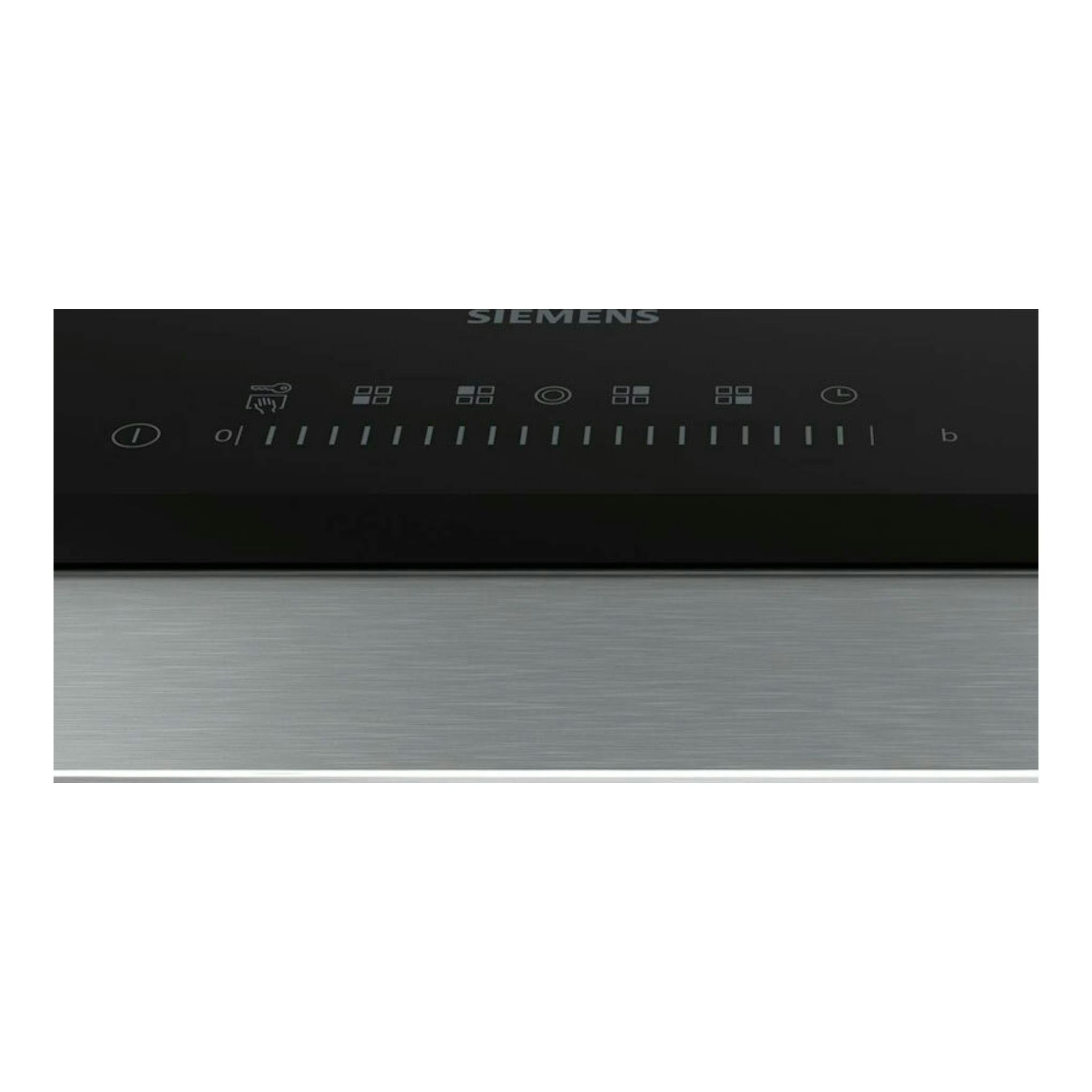 Placa vitrocerámica Siemens ET631FFP8E negra, vista superior con controles táctiles y zona frontal metálica.