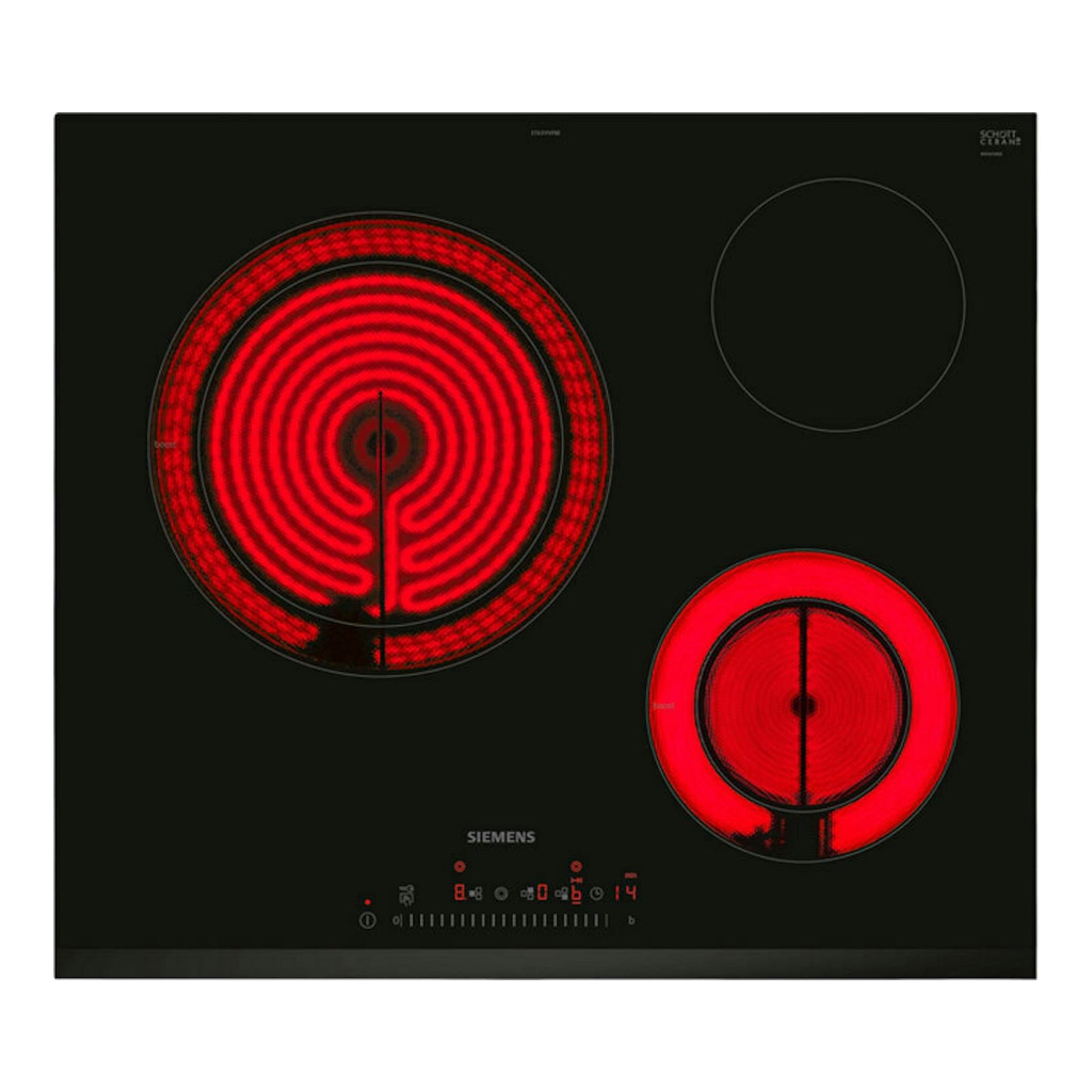 Placa vitrocerámica Siemens ET631FKP8E negra, vista frontal, con dos zonas de cocción rojas encendidas.
