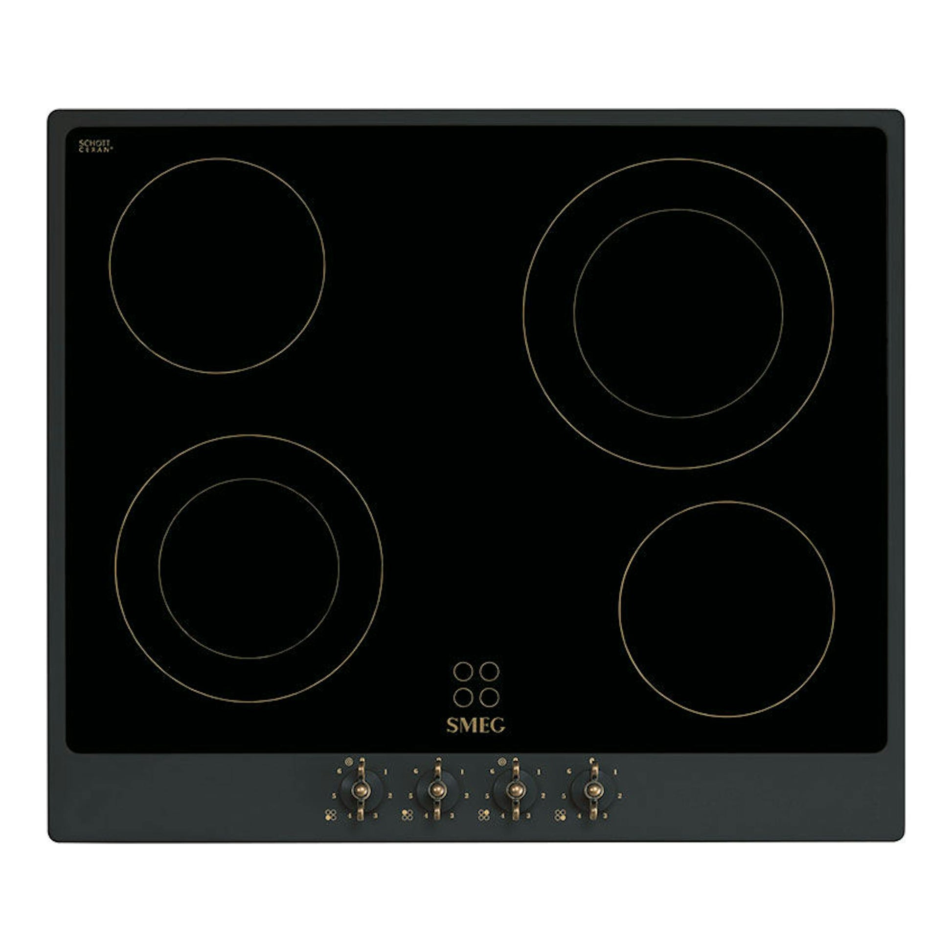 Placa vitrocerámica Smeg P864AO negra, vista frontal, con cuatro zonas circulares y mandos inferiores.