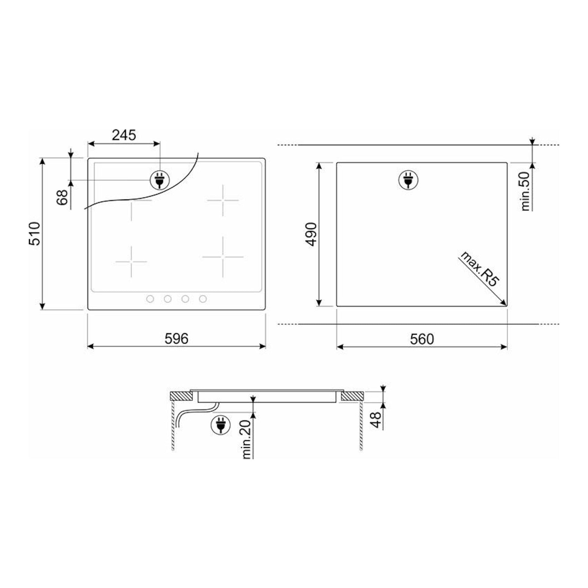 Smeg P864AO: dibujo técnico en blanco y negro de placa vitrocerámica de 60 cm, vistas frontal, superior y lateral.