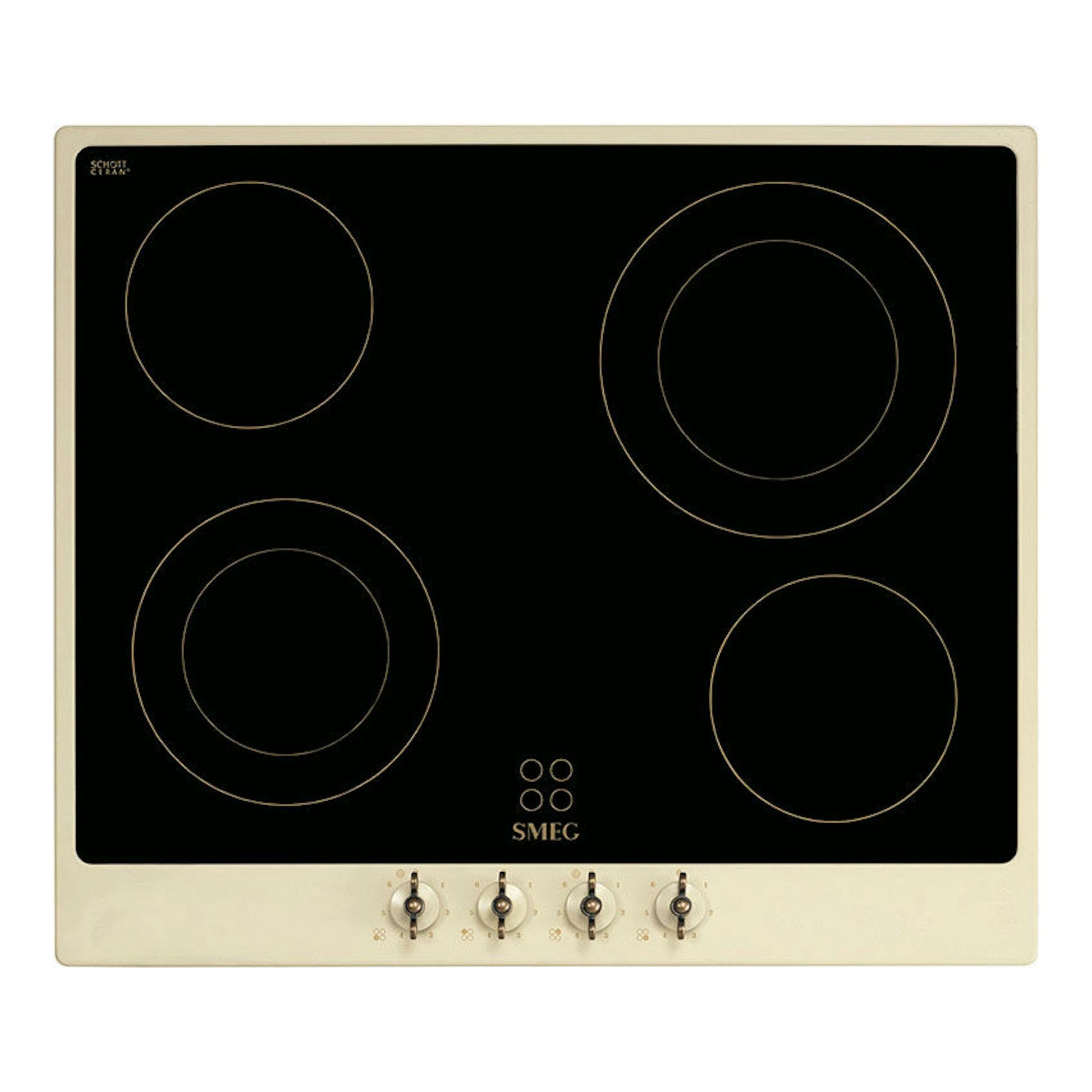 Placa vitrocerámica Smeg P864PO negra con marco crema y cuatro zonas circulares, vista frontal.